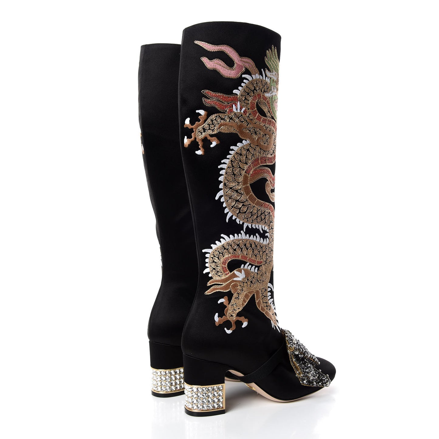 Silk Satin Malaga Kid Embroidered Candy Dragon Block-Heel Knee Boot 35 Black
