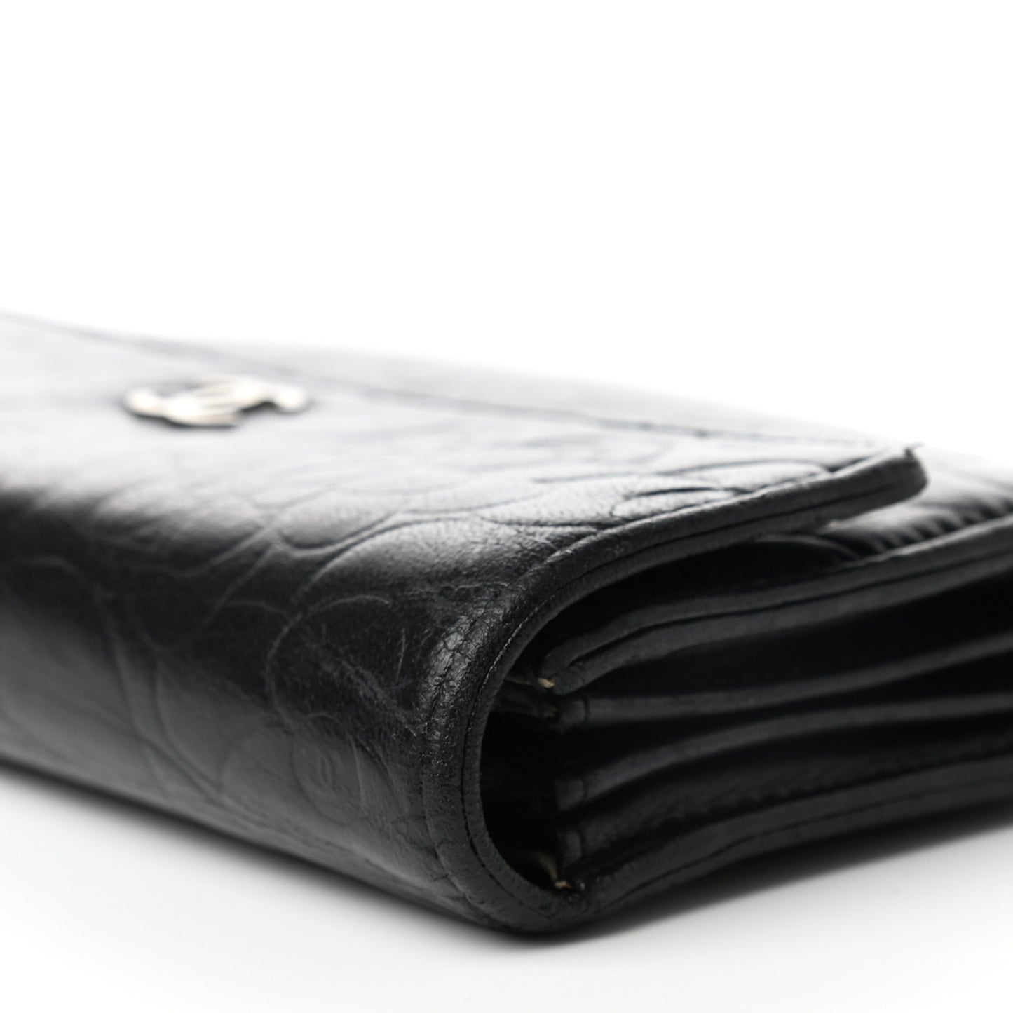 Lambskin Camellia Embossed Flap Wallet Black