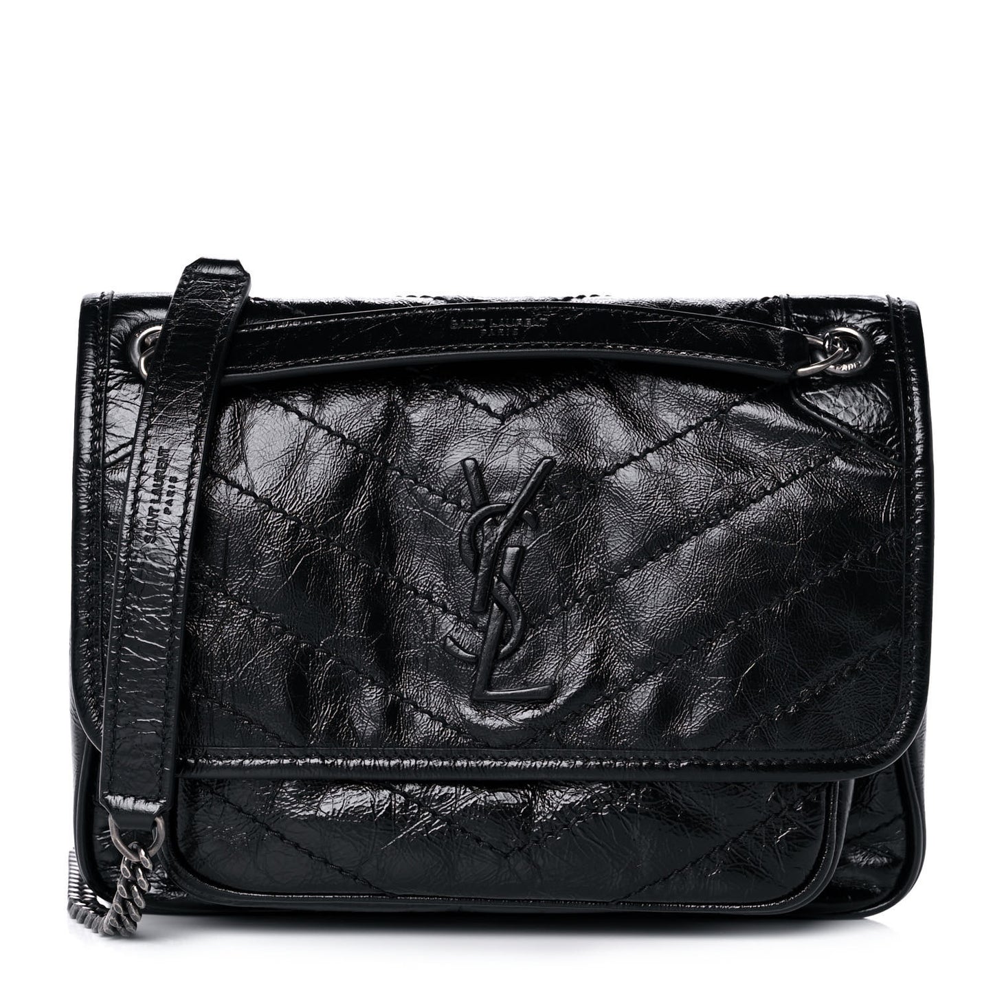 Crinkled Calfskin Matelasse Monogram Baby Niki Chain Satchel Black