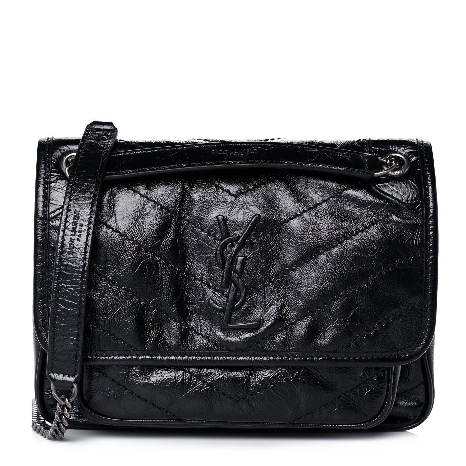 Saint Laurent Crinkled Calfskin Matelasse Monogram Baby Niki Chain Satchel Black 1 of 13