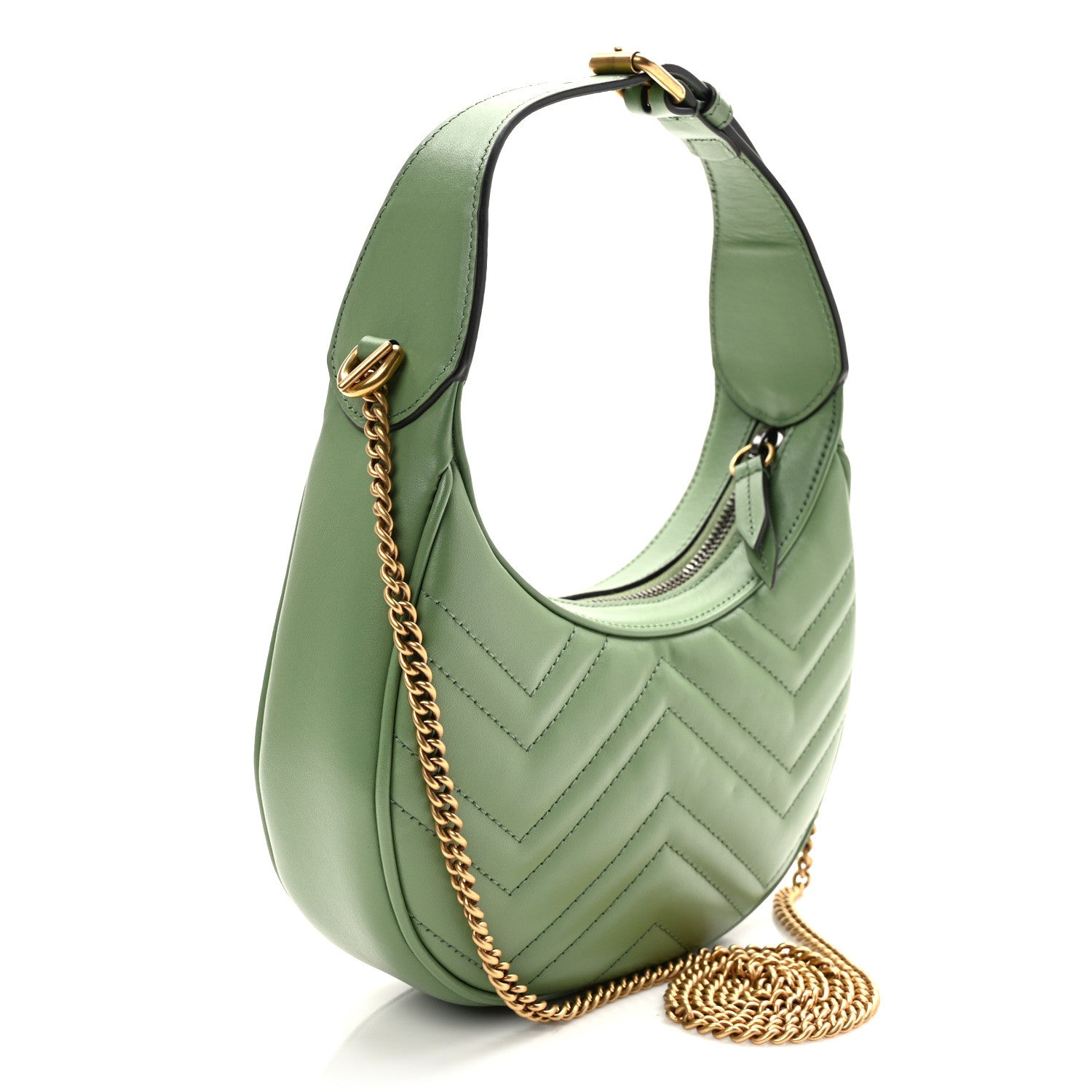 Gucci Calfskin Matelasse Chevron Mini GG Marmont Half Moon Hobo Salamander Green 3 of 9