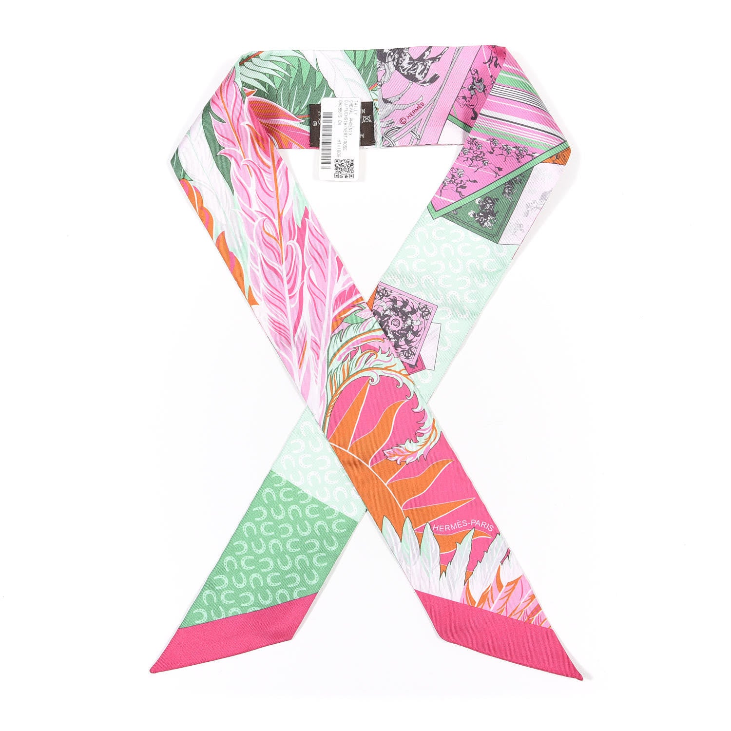 Hermes Silk Cheval Phoenix Twilly Fuchsia Vert Rose 1 of 4