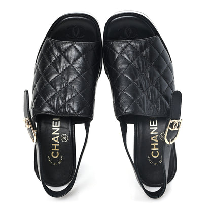 Chanel Lambskin Quilted Peep Toe Wedge Sandals 38 Black 2 of 9