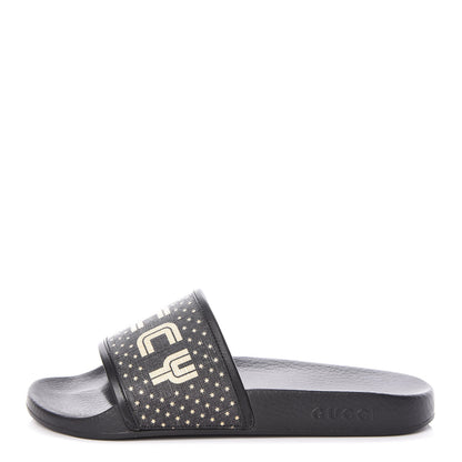 Gucci X SEGA Supreme Canvas GUCCY Stars Mens Slide Sandals 8 Black Gold 1 of 8