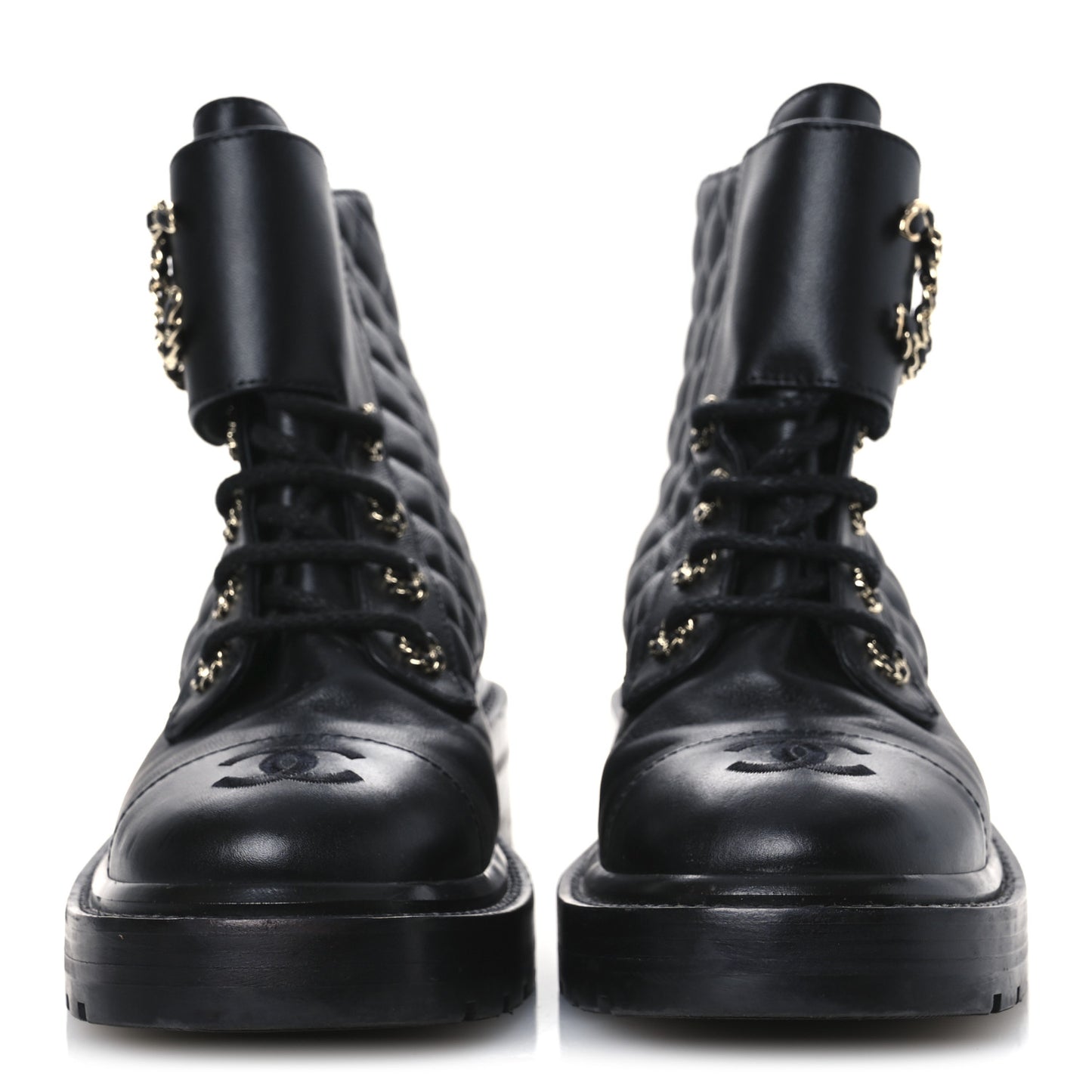 Shiny Lambskin Quilted Lace Up Combat Boots 36.5 Black