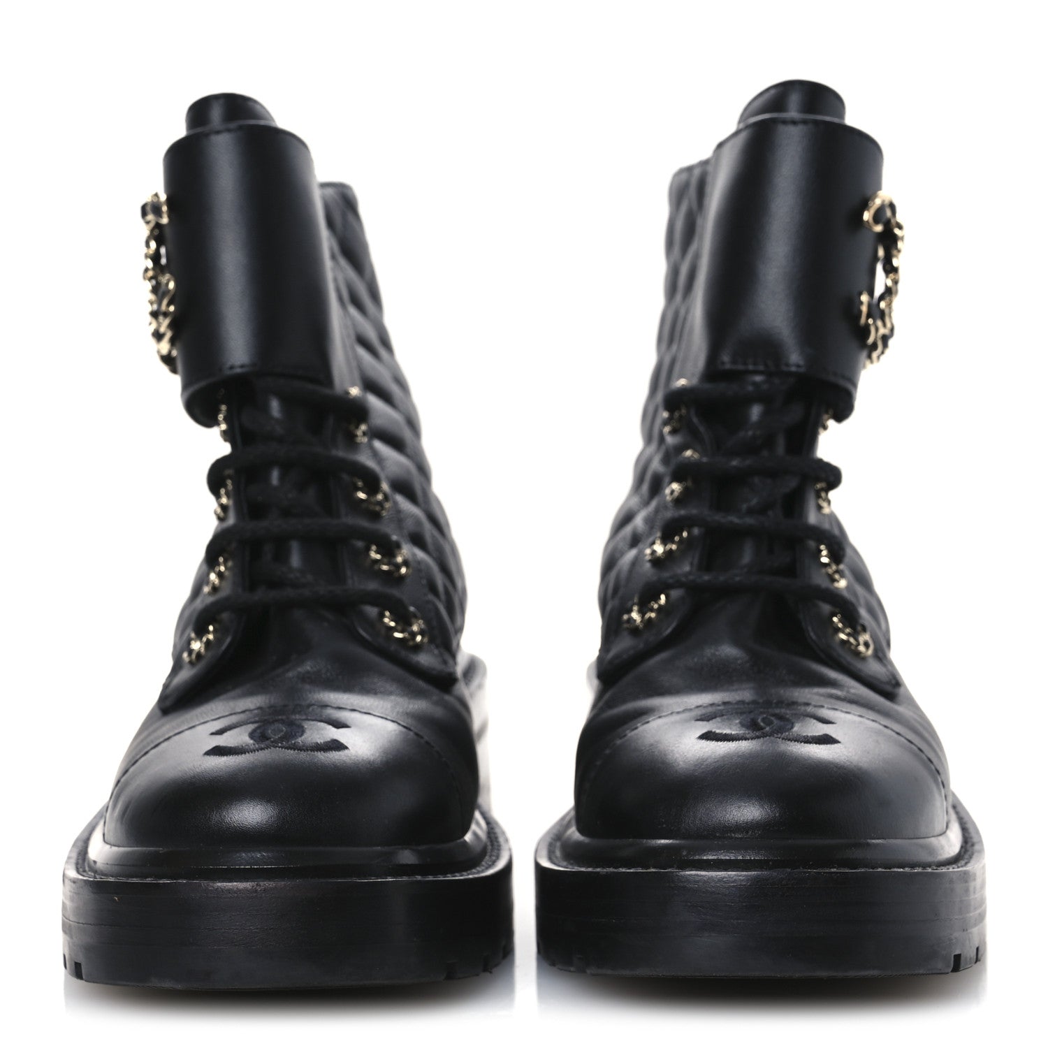 Chanel Shiny Lambskin Quilted Lace Up Combat Boots 36.5 Black 3 of 12