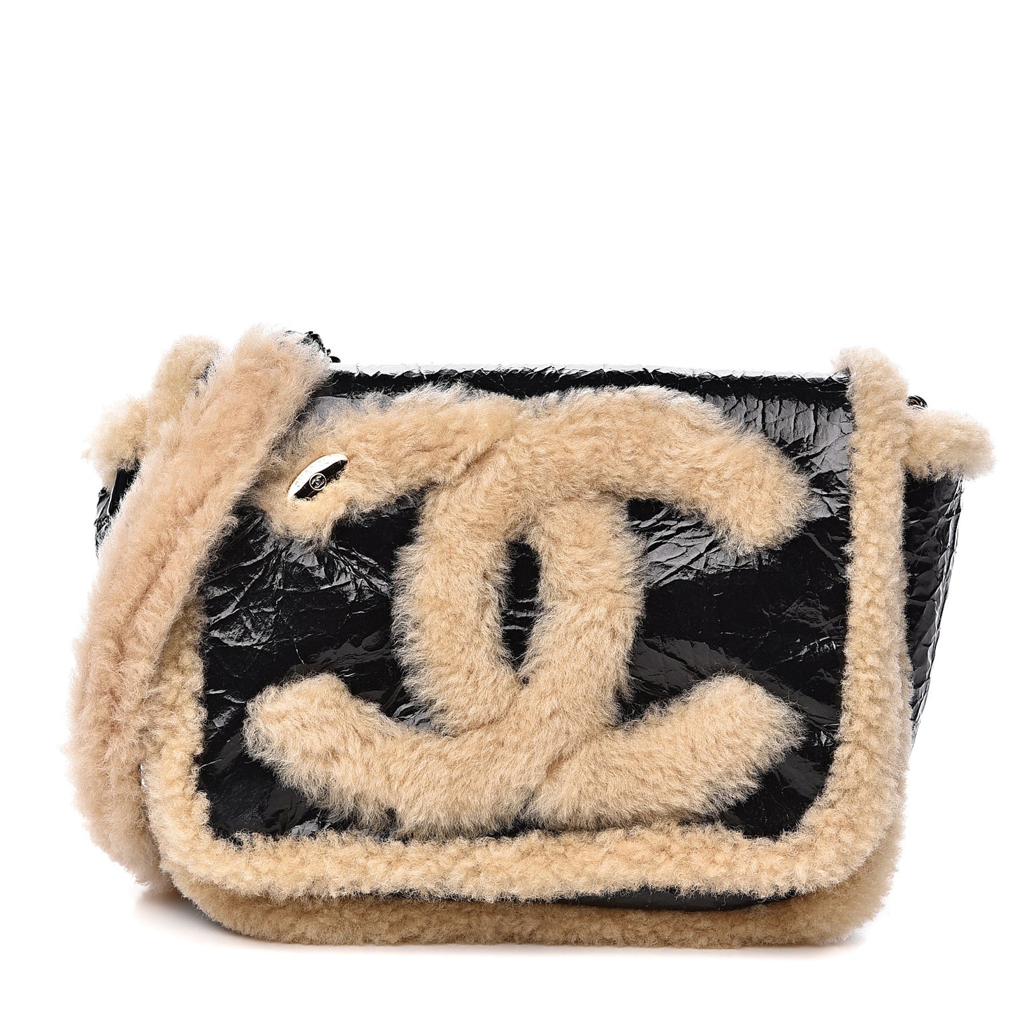 Crumpled Calfskin Shearling CC Flap Black Beige