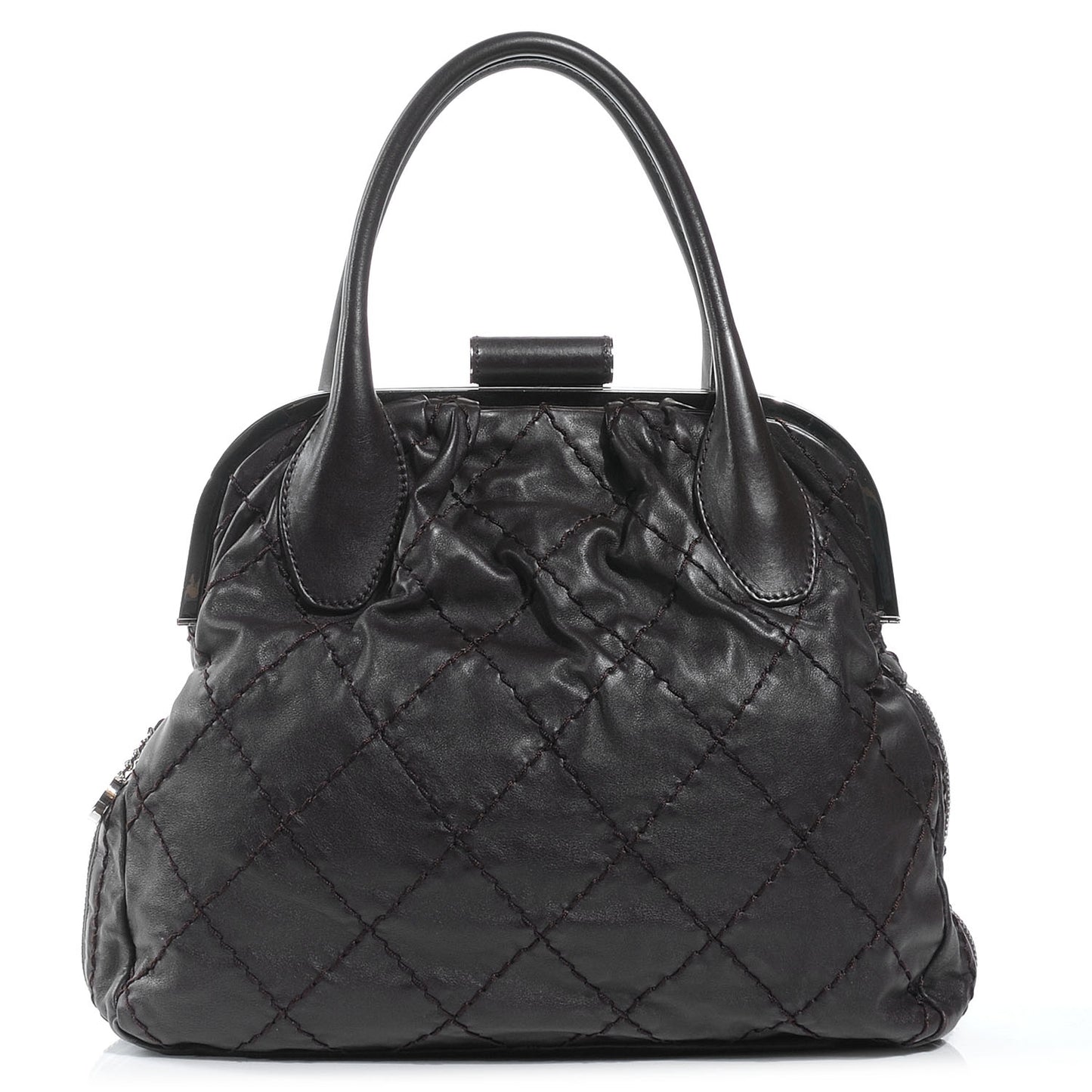Lambskin Expandable Stitched Frame Top Bag Black