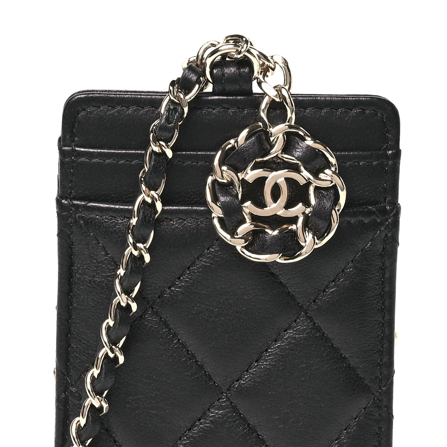 Lambskin Quilted Card Holder On Chain Black