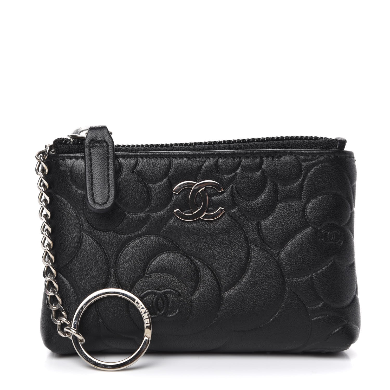 Chanel Lambskin Camellia Embossed Key Holder Case Black 1 of 8
