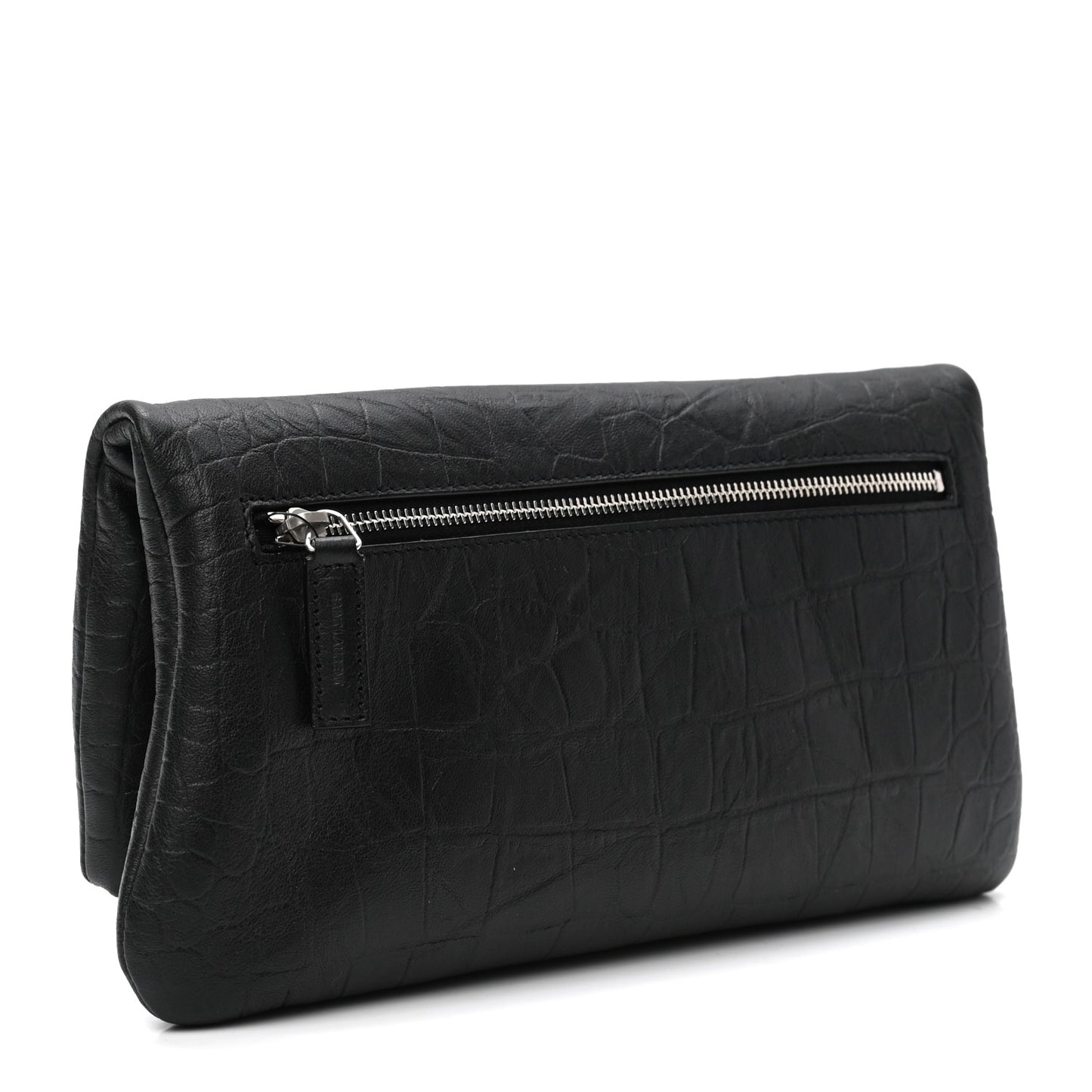 Calfskin Crocodile Embossed West Hollywood Monogram Fold Over Clutch Black