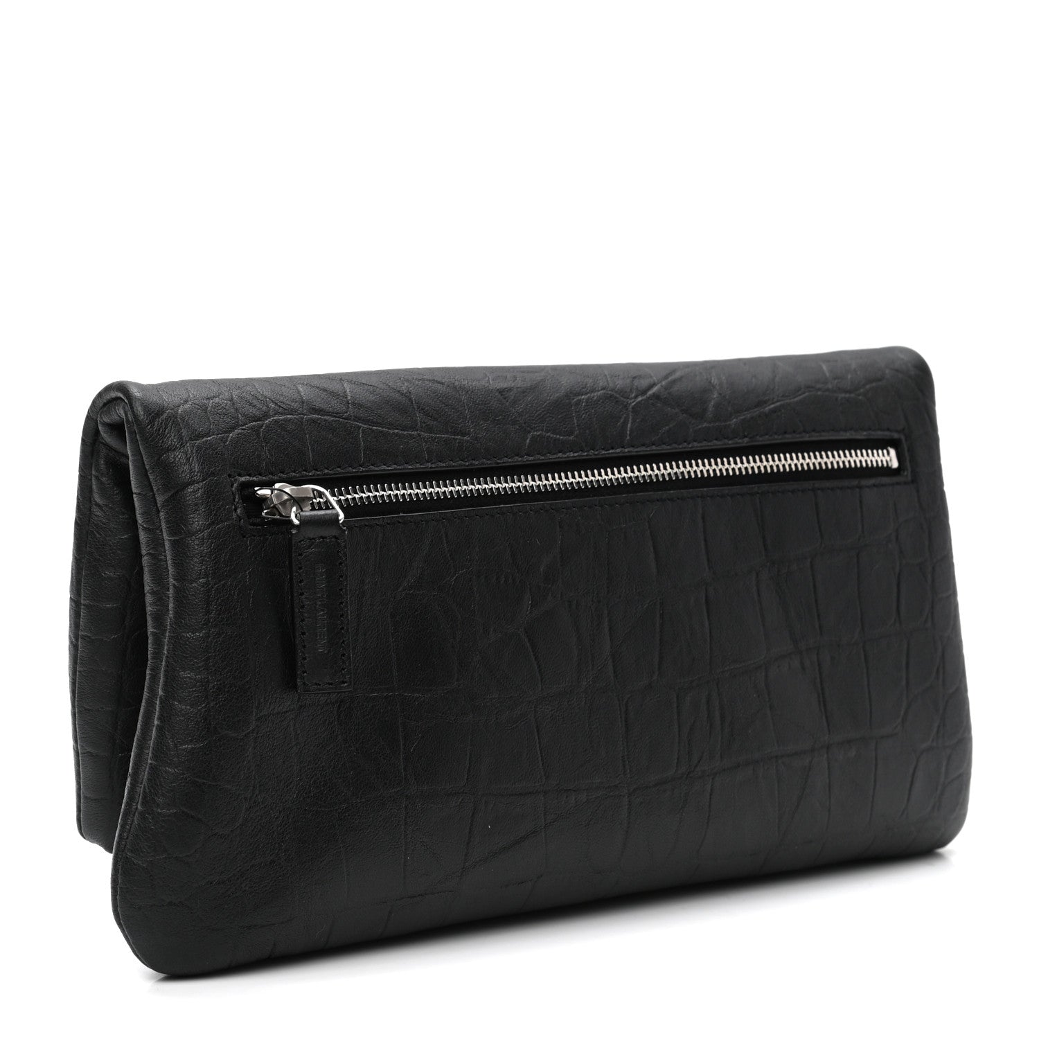 Saint Laurent Calfskin Crocodile Embossed West Hollywood Monogram Fold Over Clutch Black 3 of 7