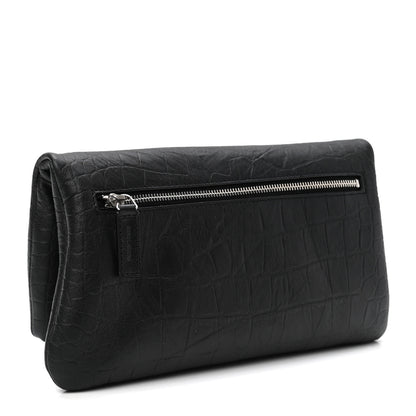 Saint Laurent Calfskin Crocodile Embossed West Hollywood Monogram Fold Over Clutch Black 3 of 7