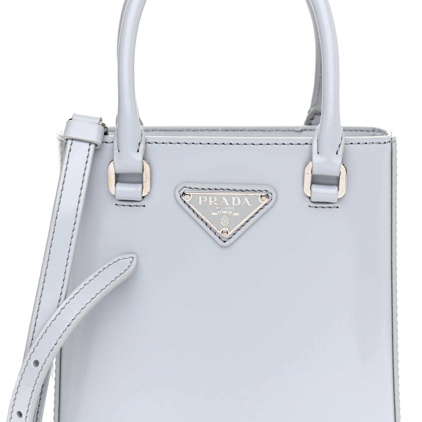 Spazzolato Metal Triangle Logo Small Double Handle Crossbody Tote Fiordaliso
