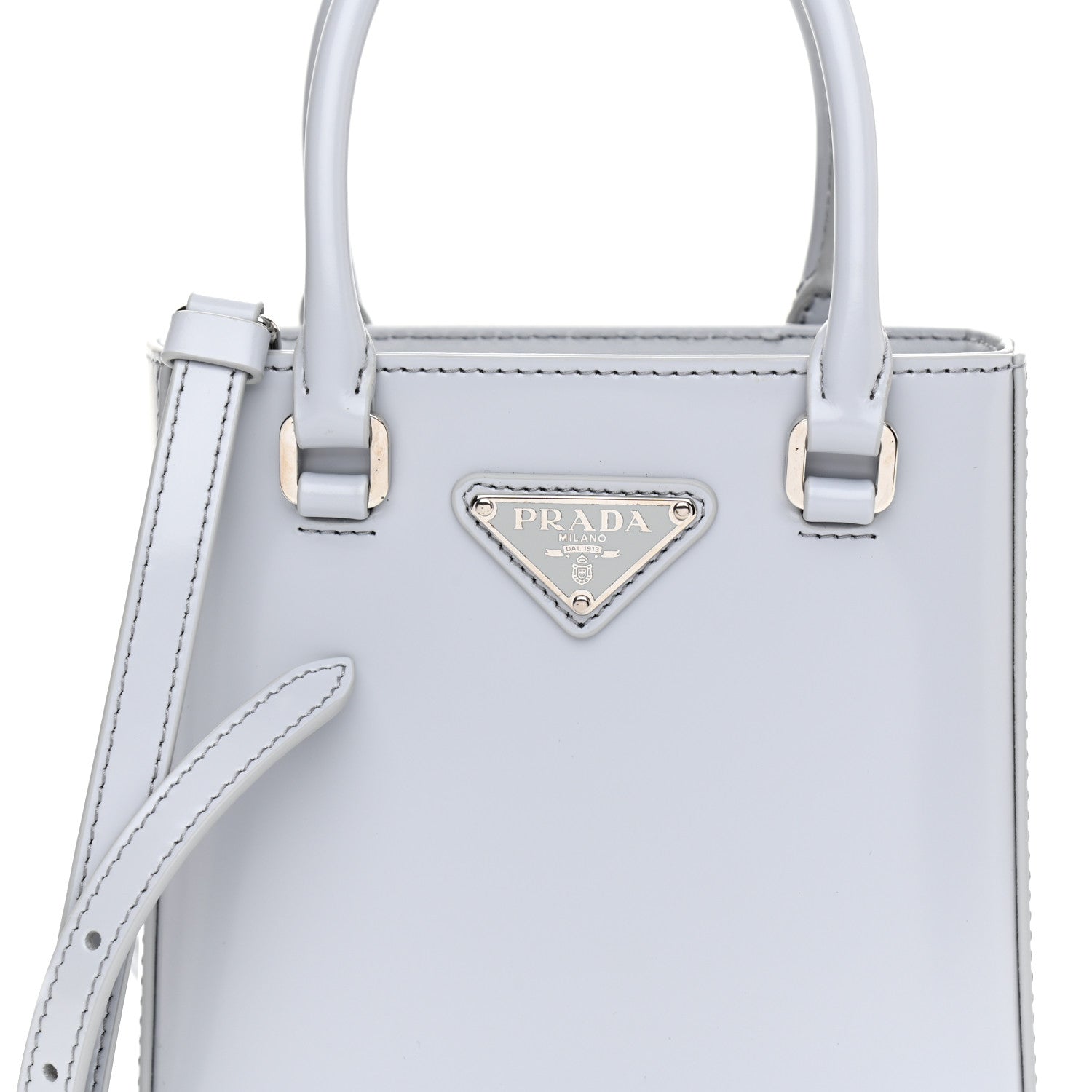 Prada Spazzolato Metal Triangle Logo Small Double Handle Crossbody Tote Fiordaliso 8 of 11