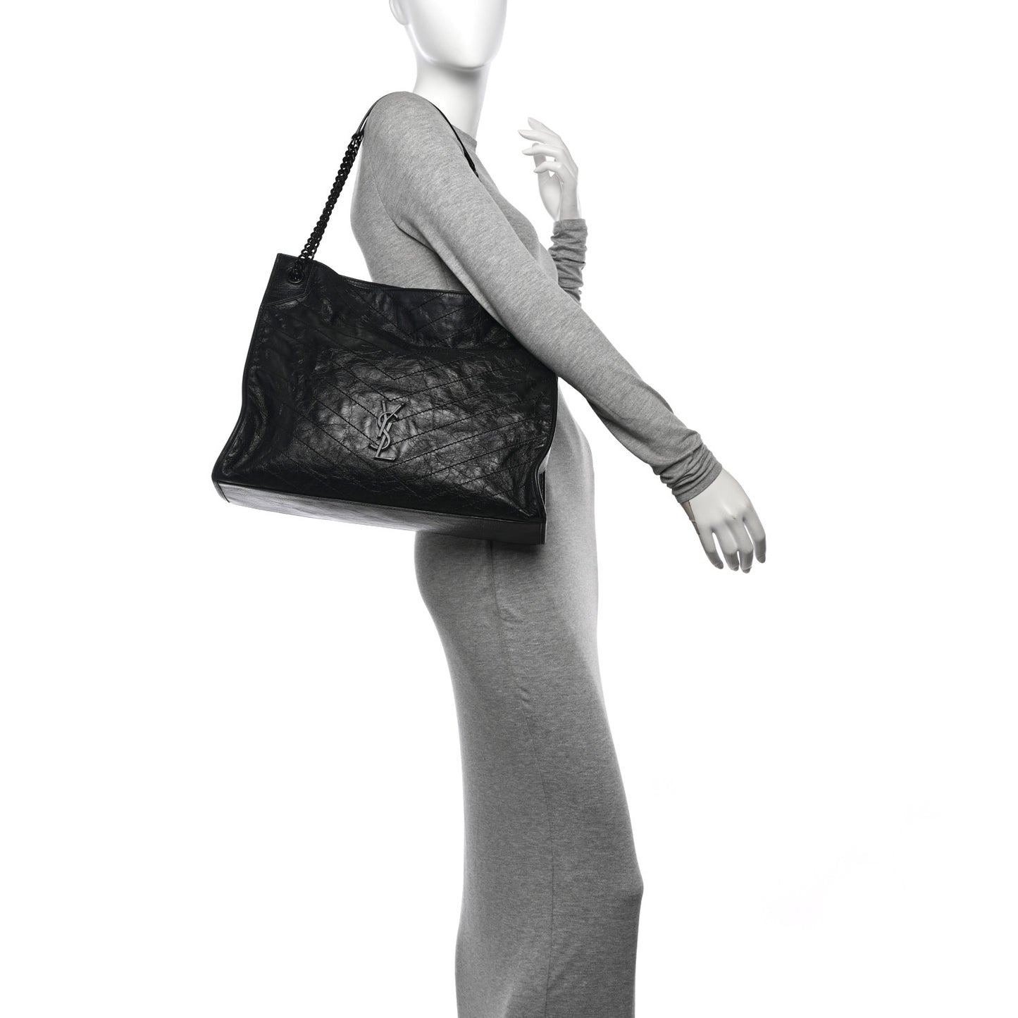 Crinkled Calfskin Matelasse Monogram Large Niki Shopper Tote Black