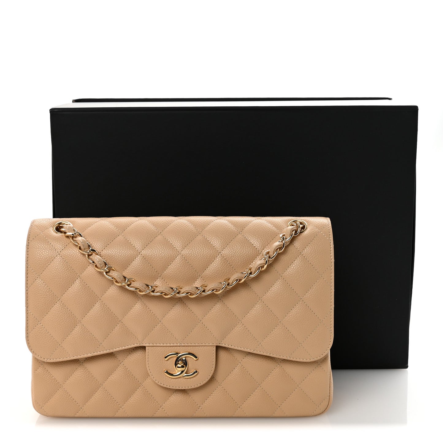 Caviar Quilted Jumbo Double Flap Beige
