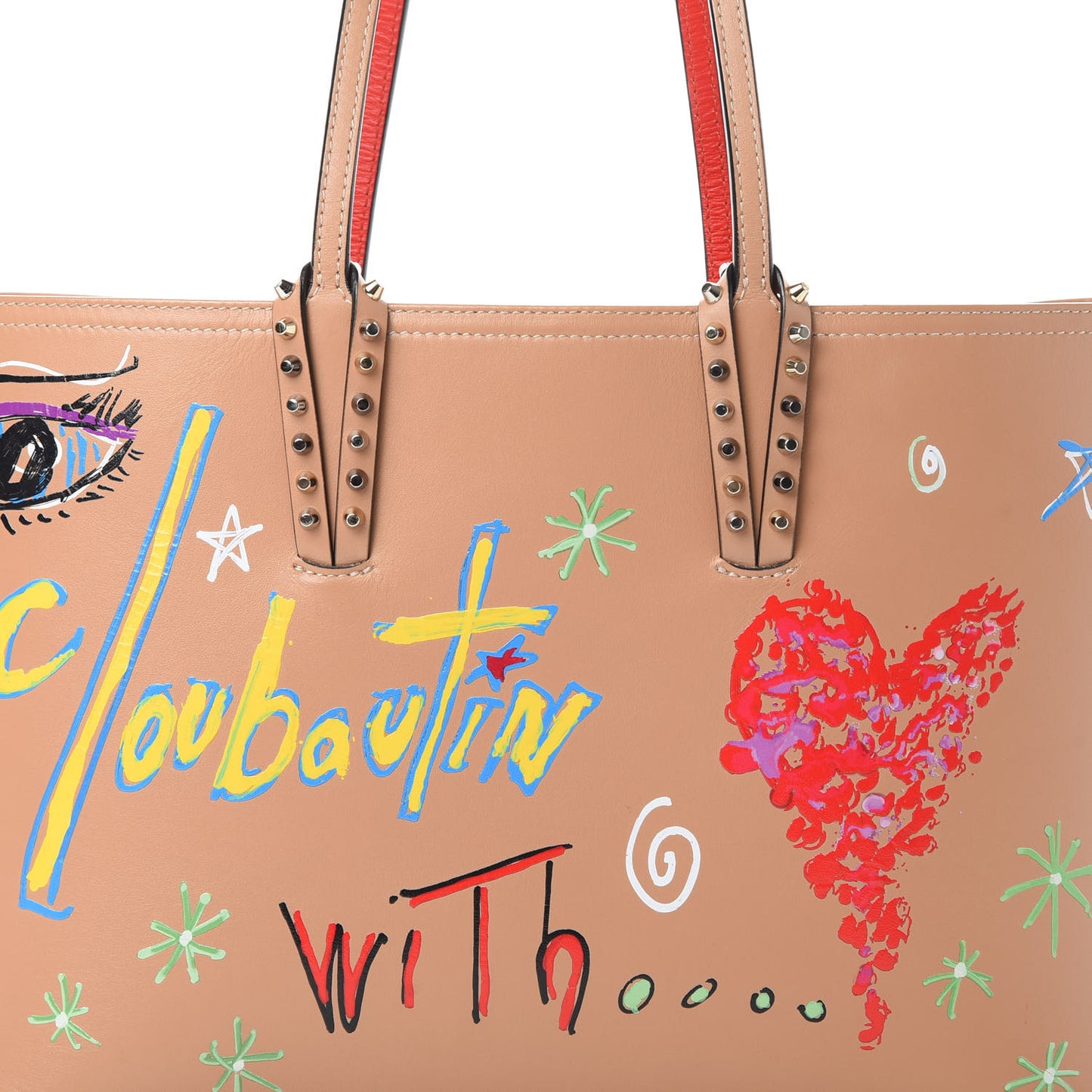 Calfskin Loubitag Spikes Small East West Cabata Tote Nude