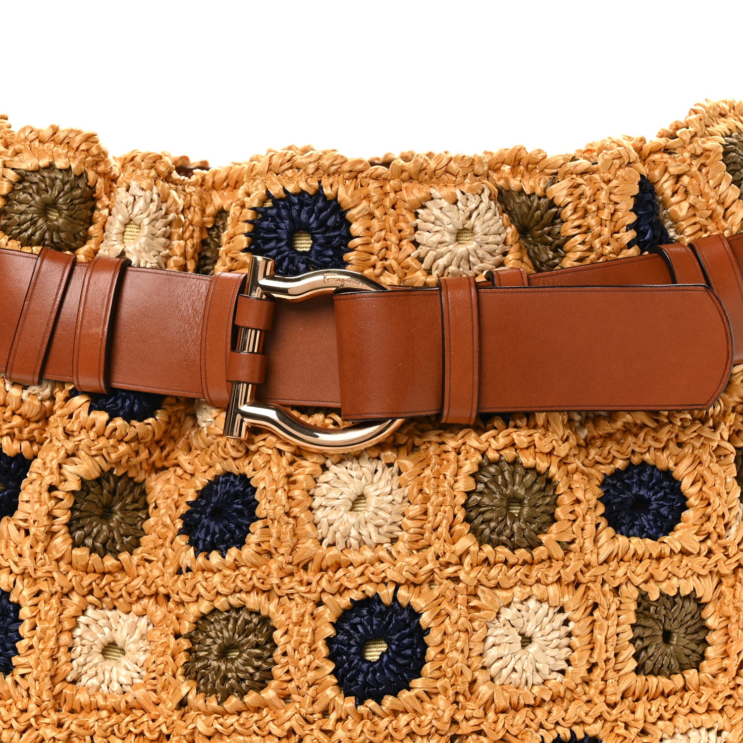 Salvatore Ferragamo Straw Floral Belt Shoulder Bag Multicolor Tan 8 of 11