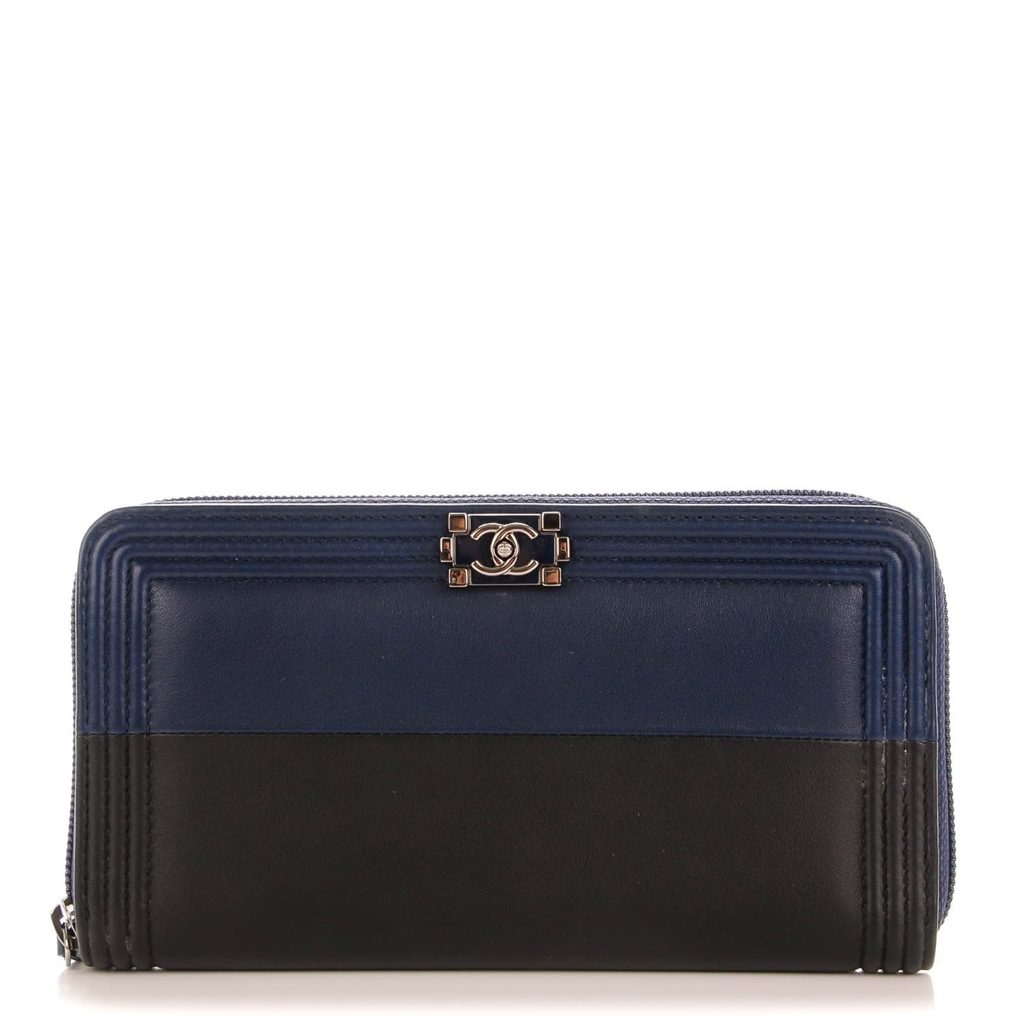Calfskin Large Bi-Color Zip Around Boy Wallet Black Navy