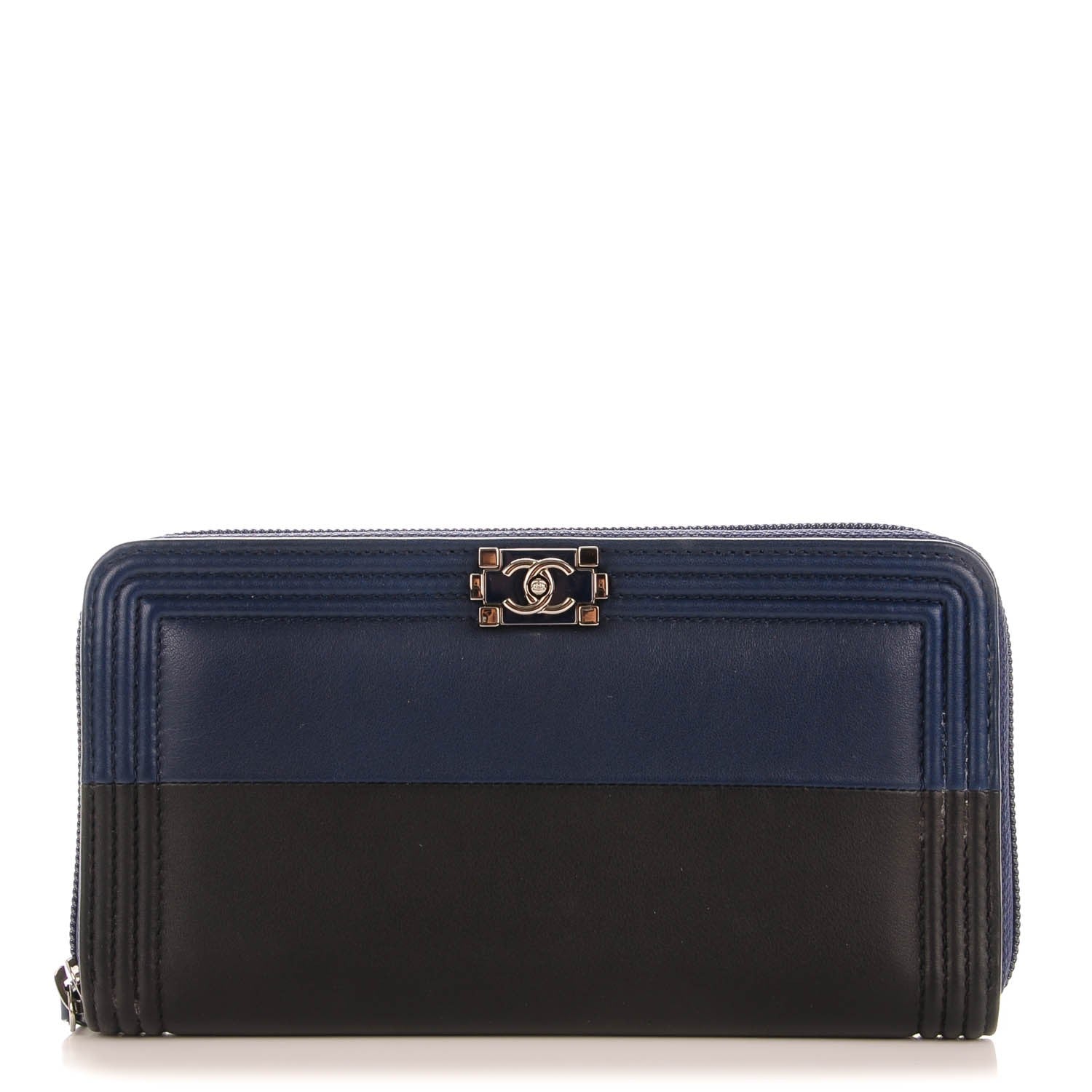 Chanel Calfskin Large Bi-Color Zip Around Boy Wallet Black Navy 1 of 8