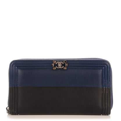Chanel Calfskin Large Bi-Color Zip Around Boy Wallet Black Navy 1 of 8