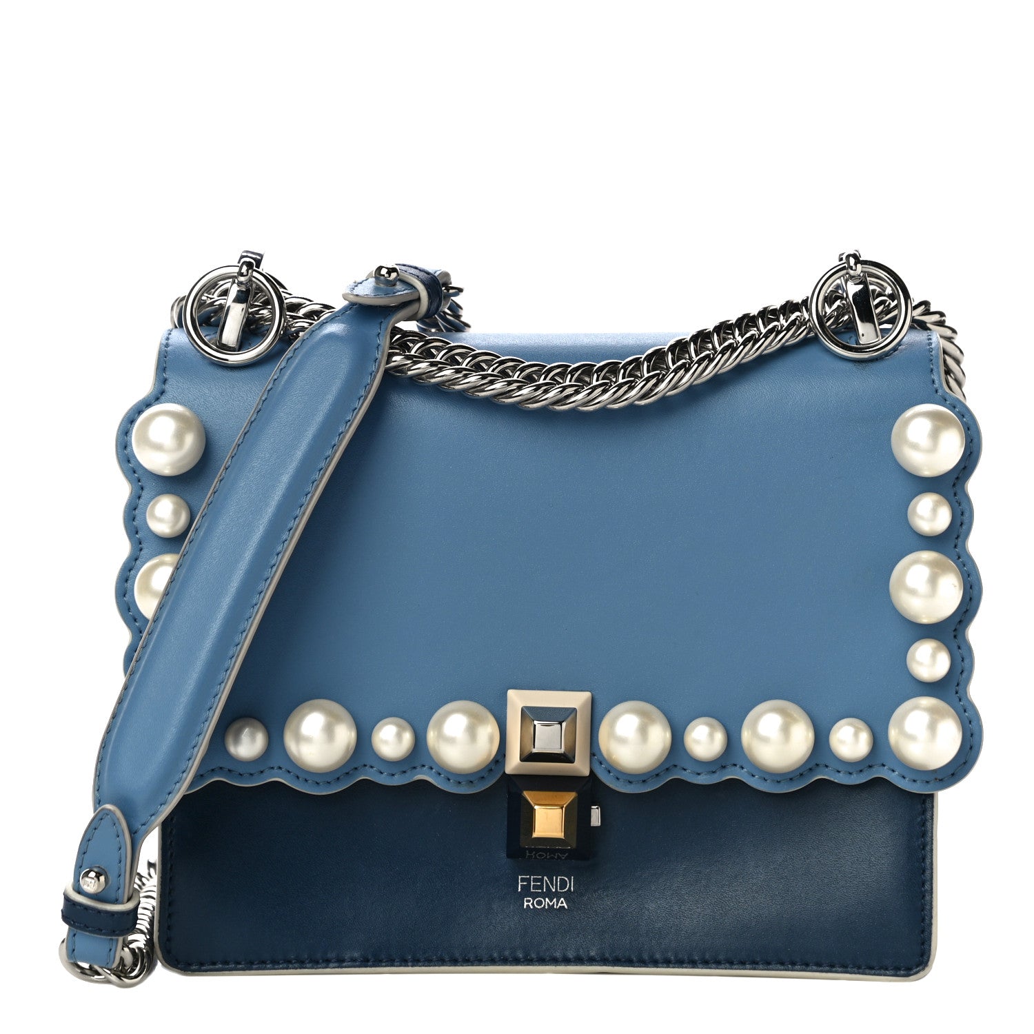 Fendi Vitello Liberty Pearl Scalloped Small Kan I Shoulder Bag Nebula Blu Scuro 1 of 10