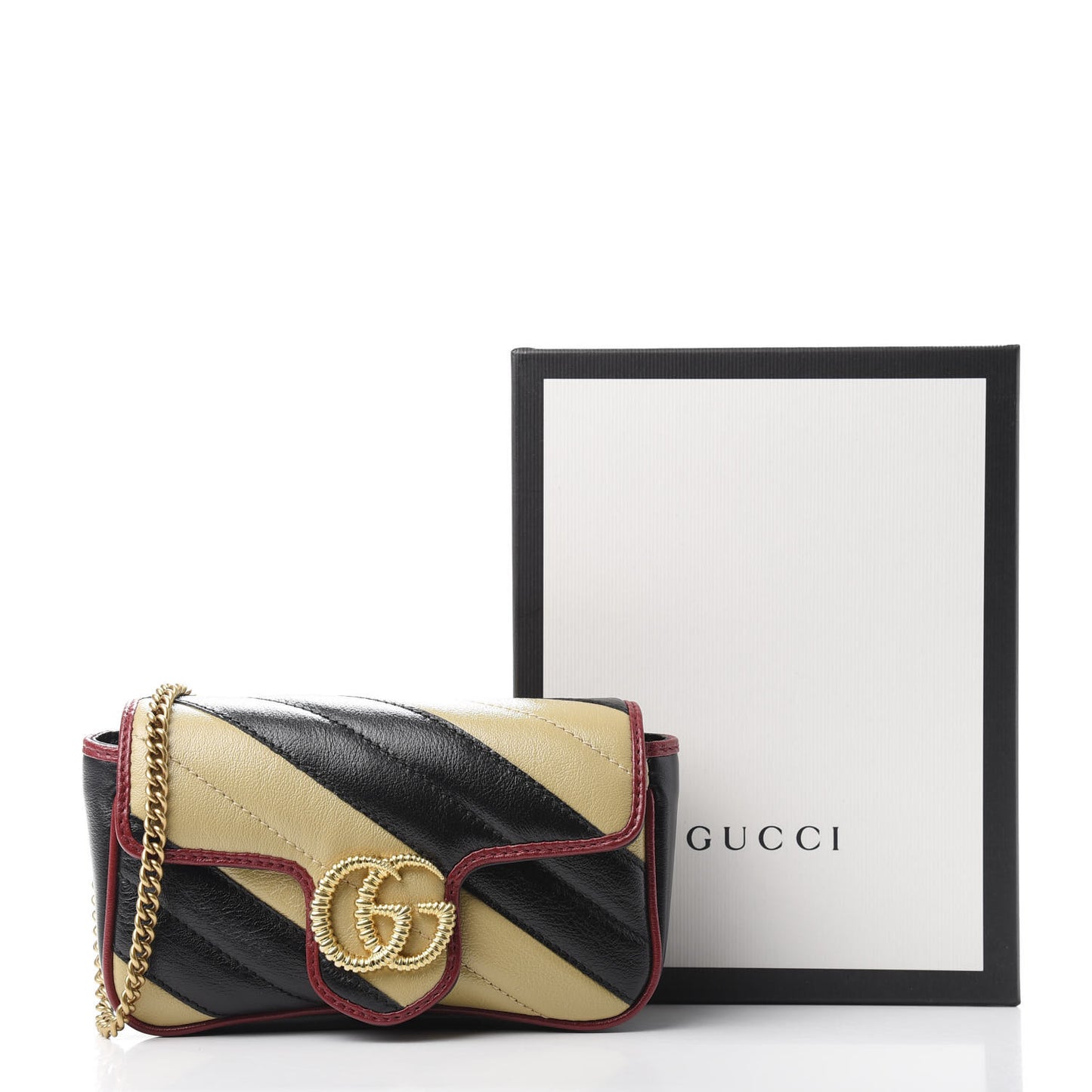 Vintage Effect Calfskin Matelasse Diagonal Striped Super Mini Torchon GG Marmont Shoulder Bag Black Beige