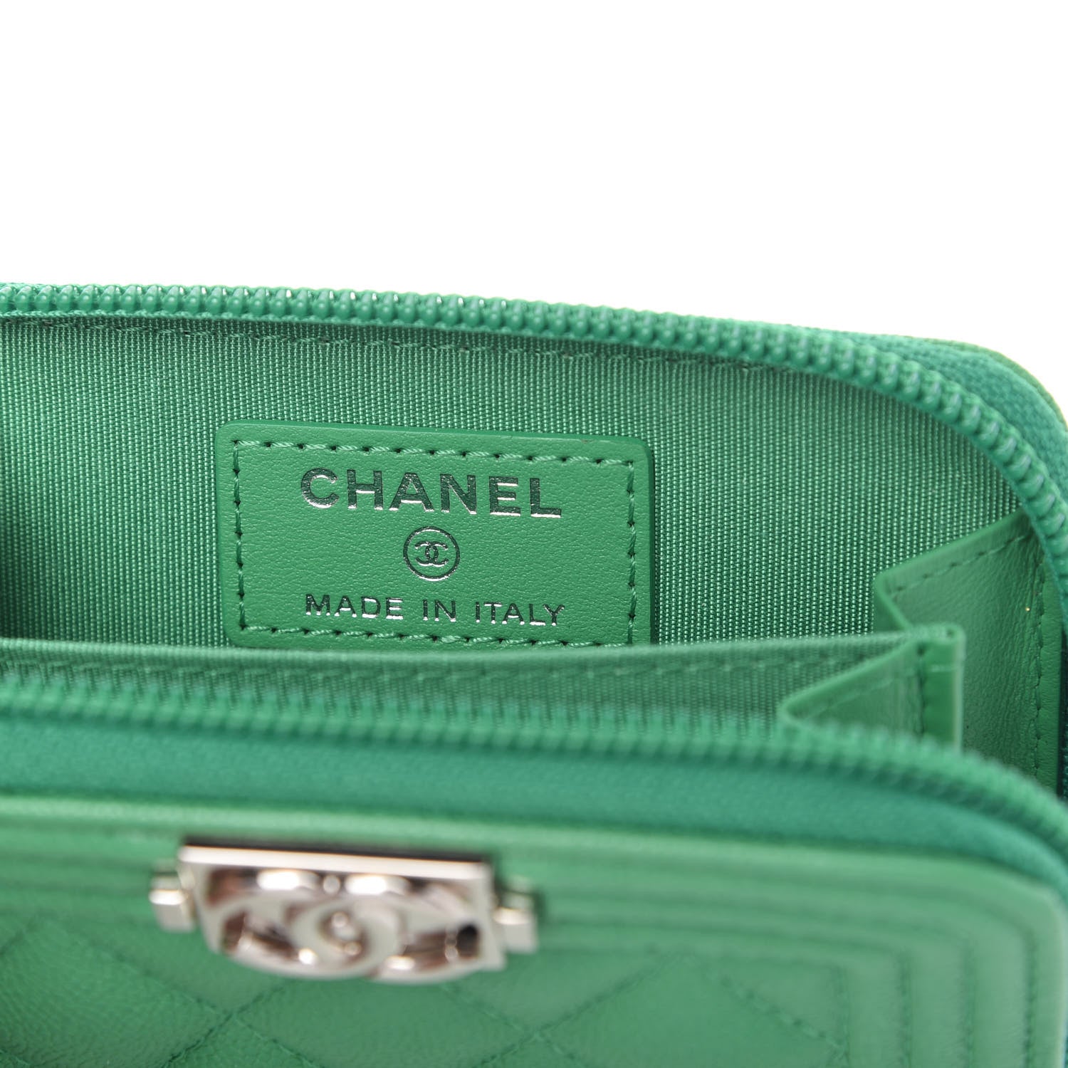 Chanel Caviar Quilted Boy Zip Around Coin Purse Wallet Green 8 of 11