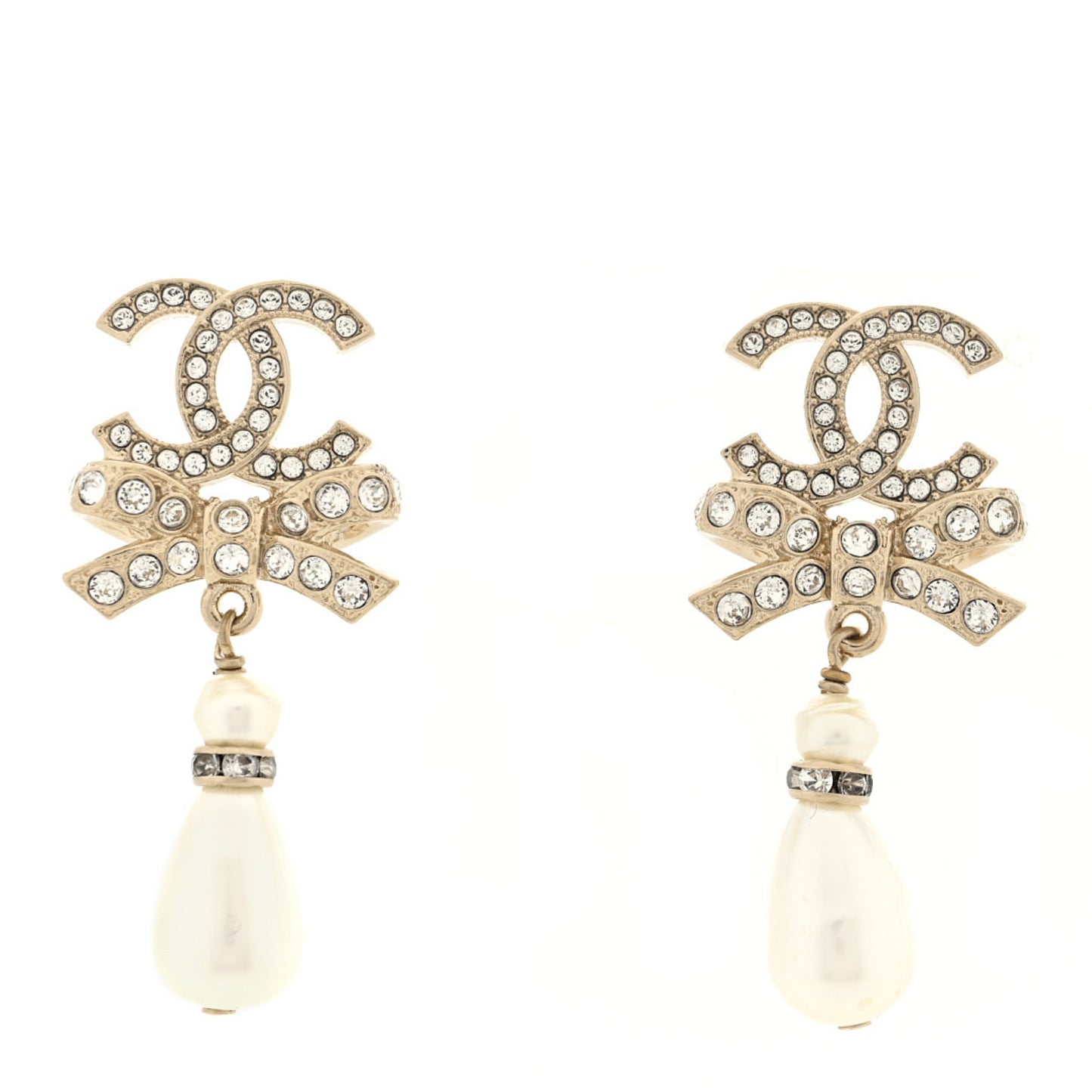 Crystal CC Bow Pearl Drop Earrings Gold Pearly White