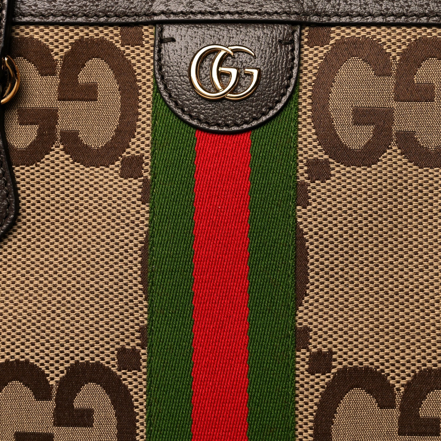 Gucci Monogram Jumbo GG Textured Dollar Calfskin Web Medium Ophidia Shopping Tote Camel Ebony 8 of 10