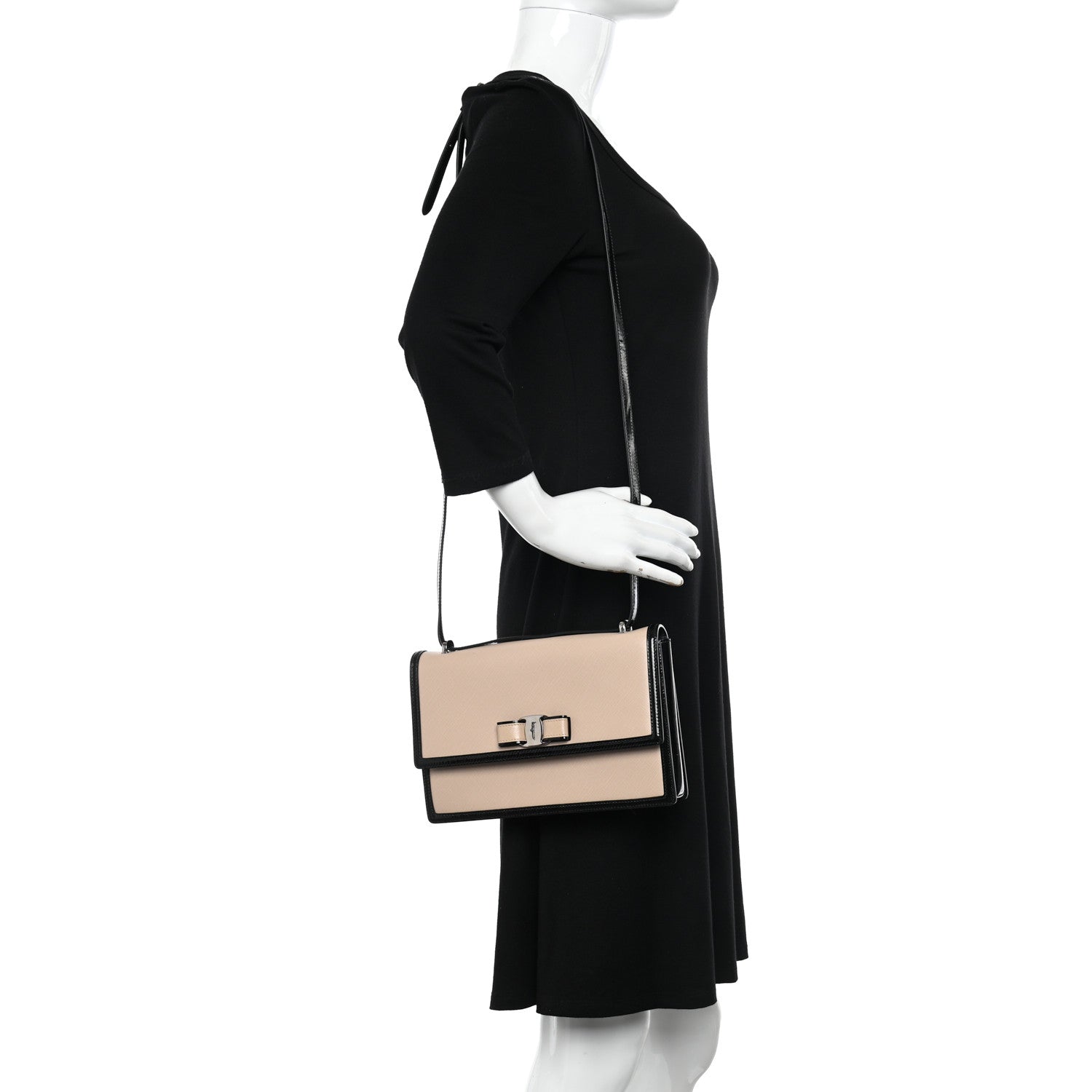 Salvatore Ferragamo Hammered Calfskin Vara Bow Shoulder Bag Beige Black 2 of 11