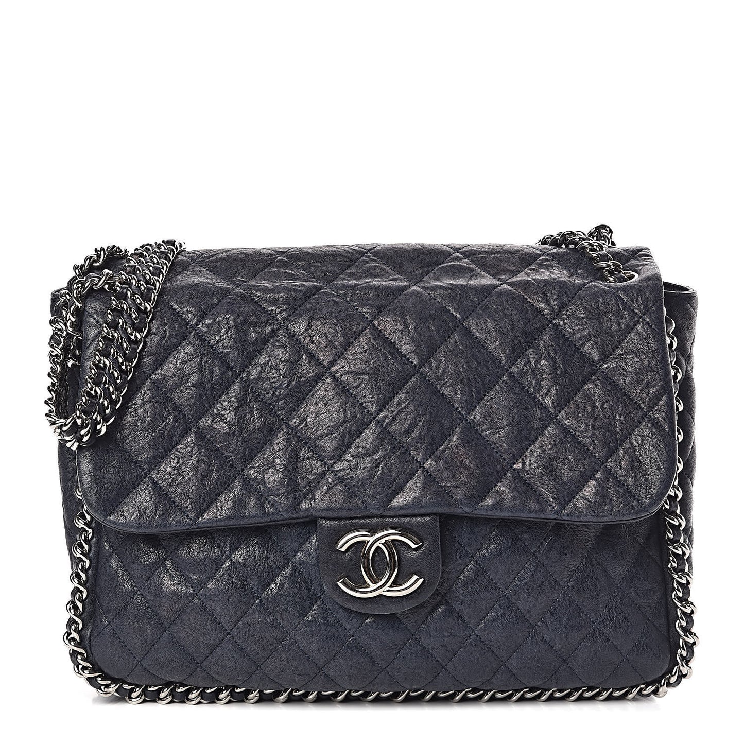 Washed Lambskin Quilted Chain Around Maxi Flap Dark Navy Blue