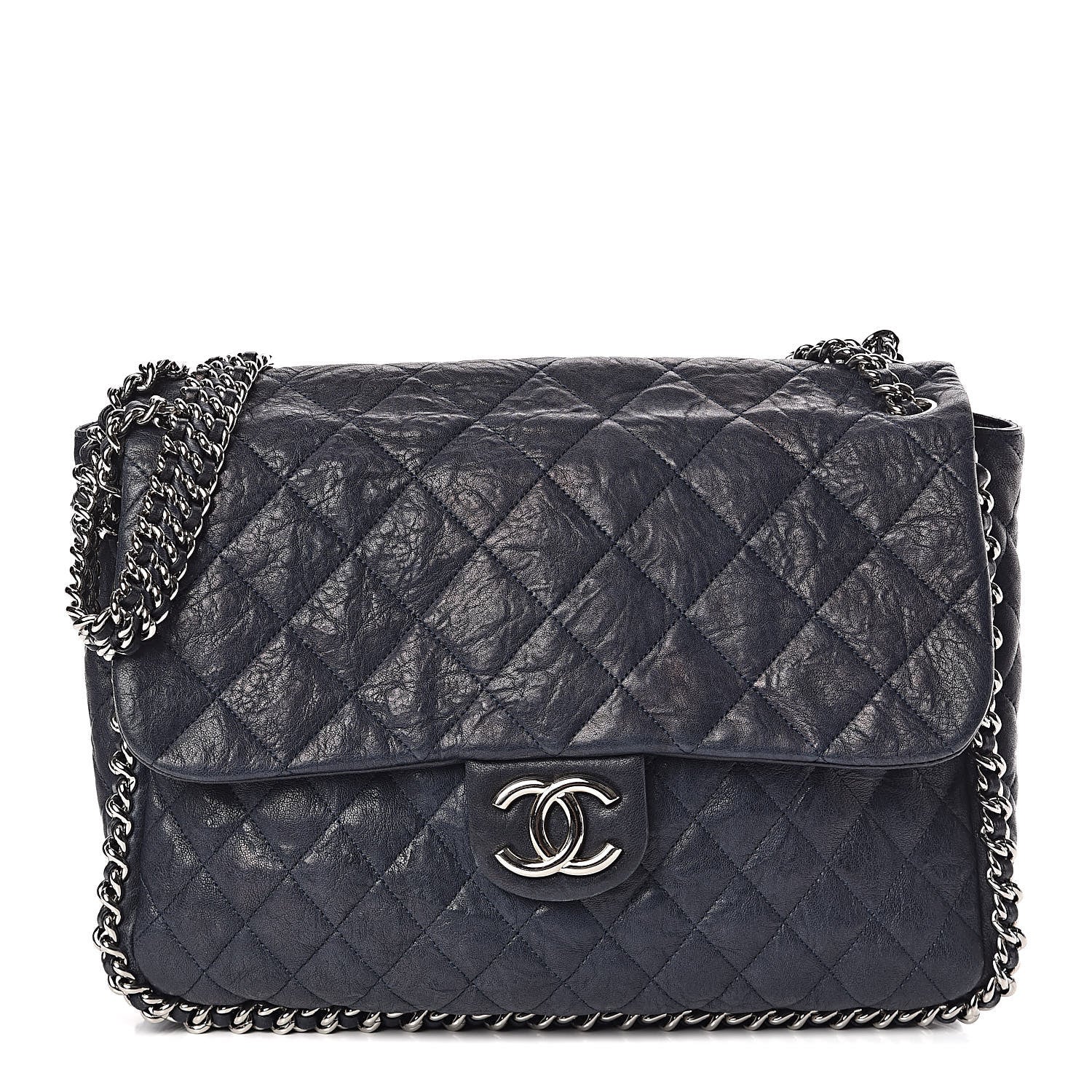 Chanel Washed Lambskin Quilted Chain Around Maxi Flap Dark Navy Blue 1 of 11