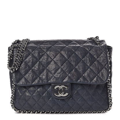 Chanel Washed Lambskin Quilted Chain Around Maxi Flap Dark Navy Blue 1 of 11