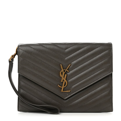 Saint Laurent Grain De Poudre Matelasse Chevron Monogram Envelope Clutch Earth 1 of 9
