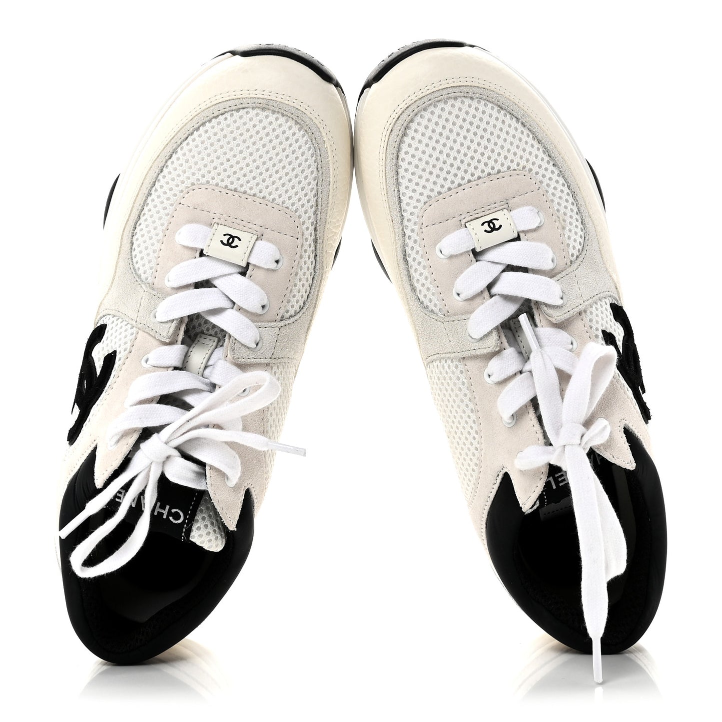 Mesh Suede Calfskin Grained Calfskin Womens CC Sneakers 38.5 White Black