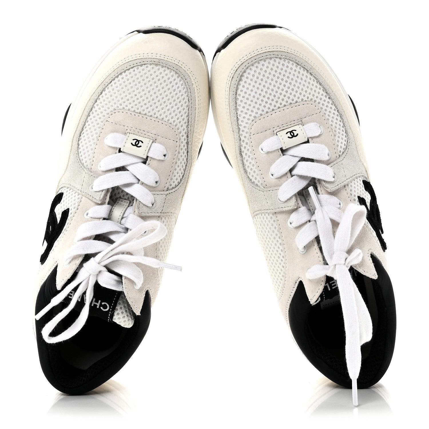 Chanel Mesh Suede Calfskin Grained Calfskin Womens CC Sneakers 38.5 White Black 2 of 9
