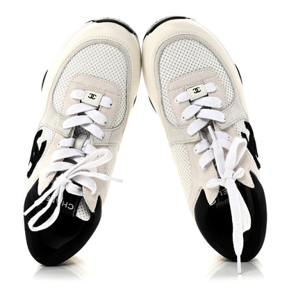 Chanel Mesh Suede Calfskin Grained Calfskin Womens CC Sneakers 38.5 White Black 2 of 9