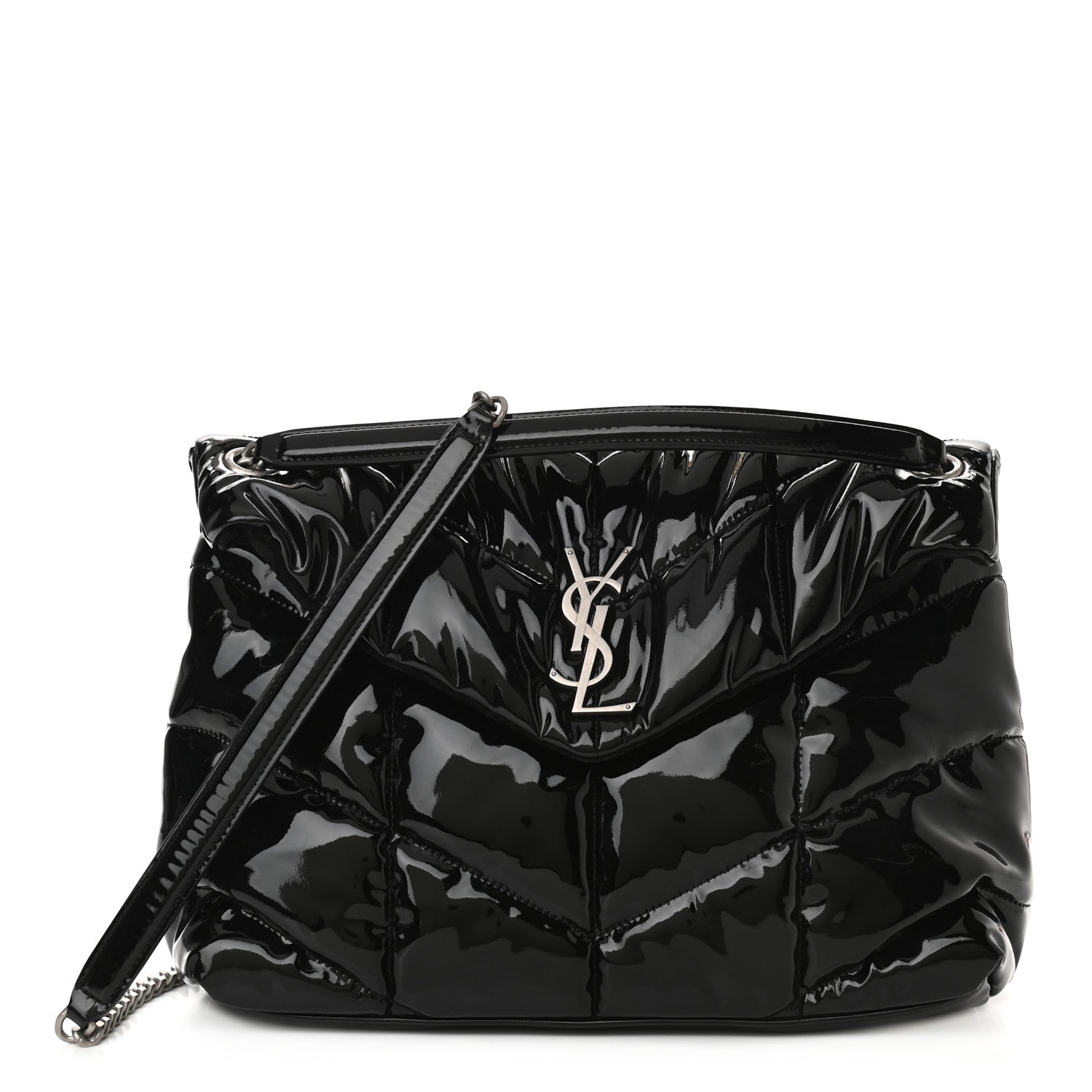 Saint Laurent Patent Lambskin Quilted Medium Loulou Puffer Monogram Chain Satchel Black 1 of 9