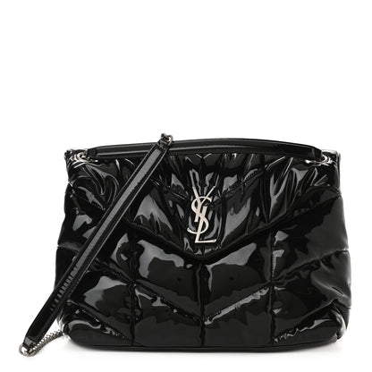 Saint Laurent Patent Lambskin Quilted Medium Loulou Puffer Monogram Chain Satchel Black 1 of 9