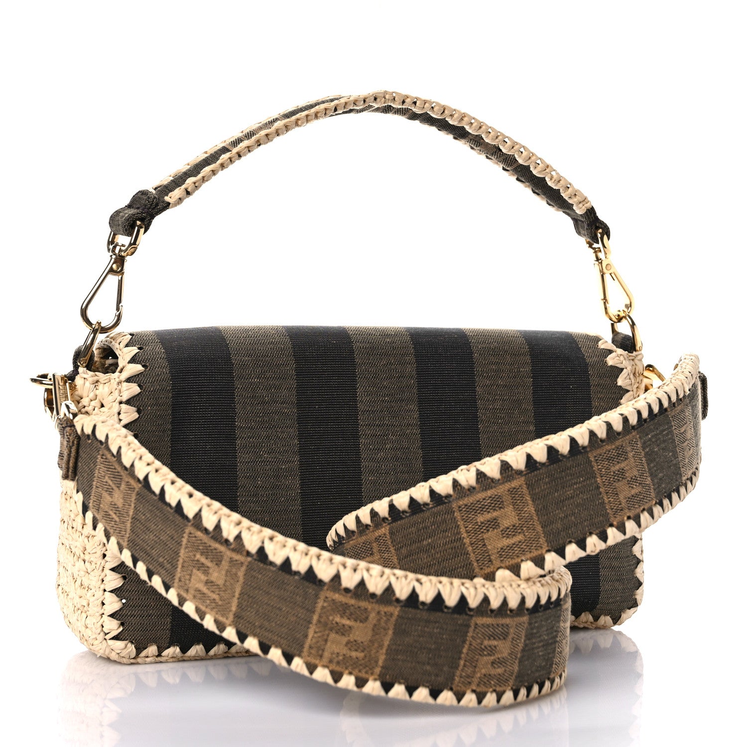 Fendi Fabric Jacquard Raffia Straw Pequin Gingham Woven Baguette Beige Black Natural 3 of 8