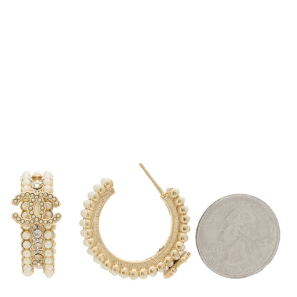 Chanel Pearl Crystal CC Hoop Earrings Gold Pearly White 2 of 4