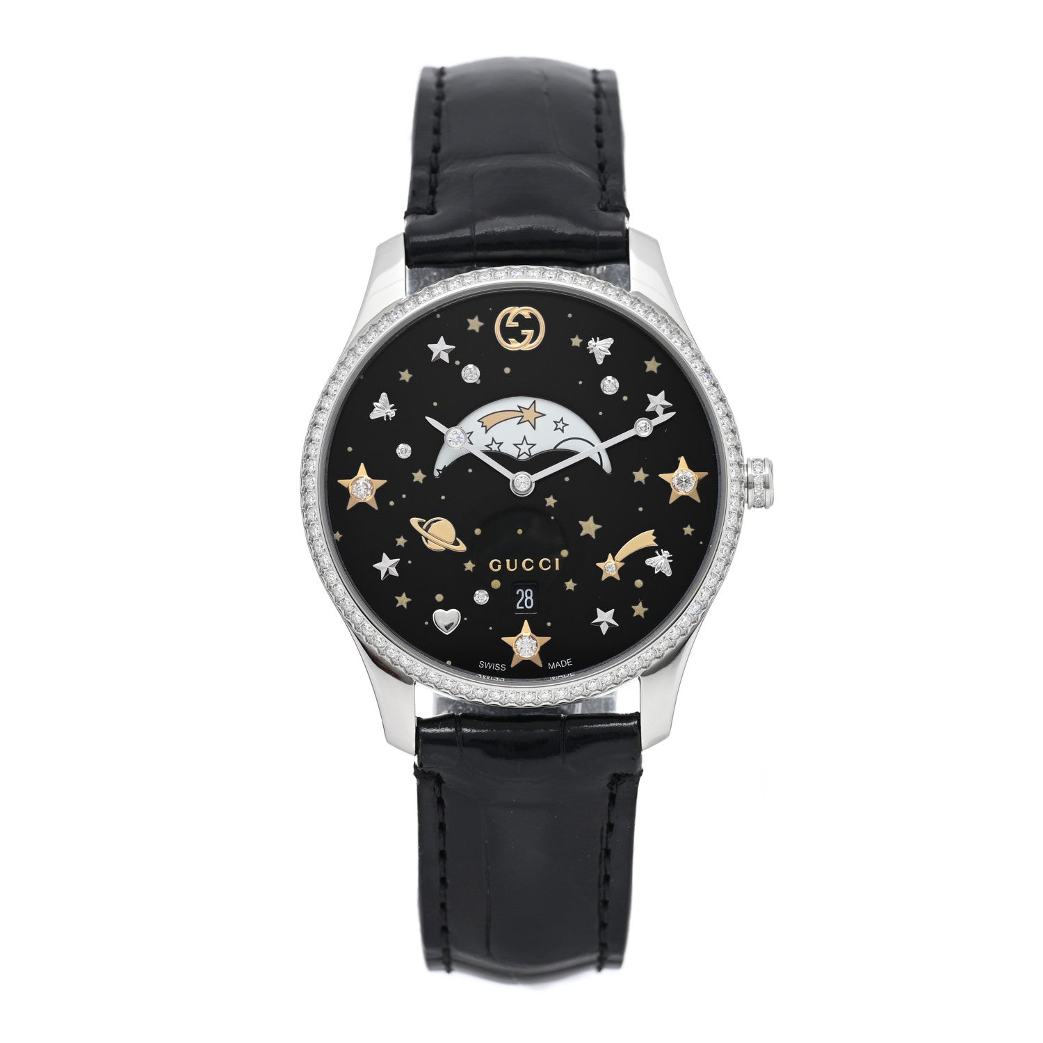 Gucci Stainless Steel Alligator Diamond Bezel 36mm G-Timeless Moonphase Star Planet Quartz Watch Black 1 of 5