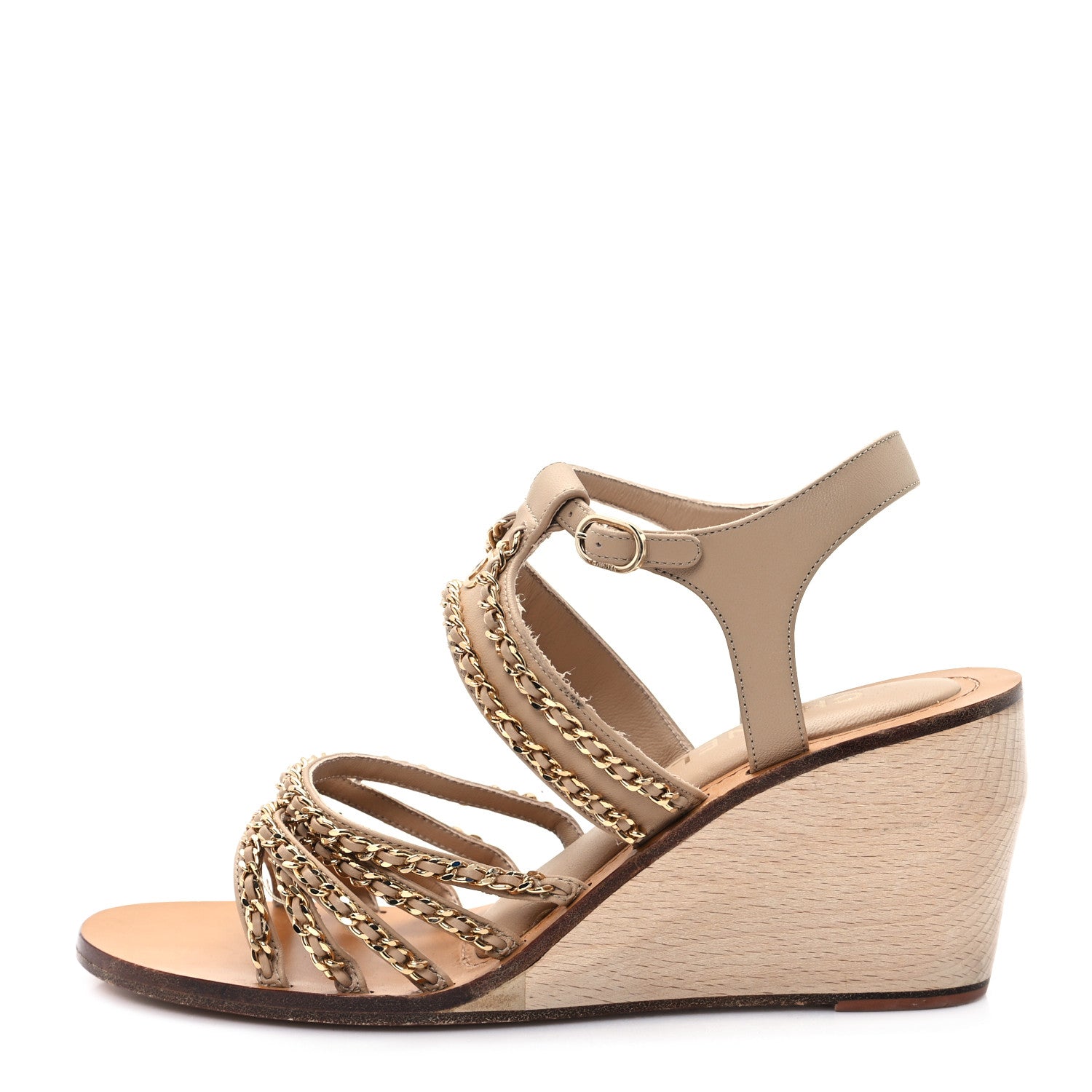 Chanel Lambskin Quilted Chain Wedge Sandals 40 Beige 1662916