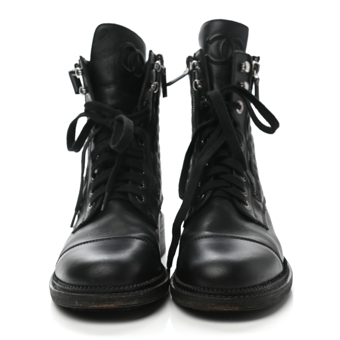 Calfskin Quilted Lace Up Combat Boots 39 Black