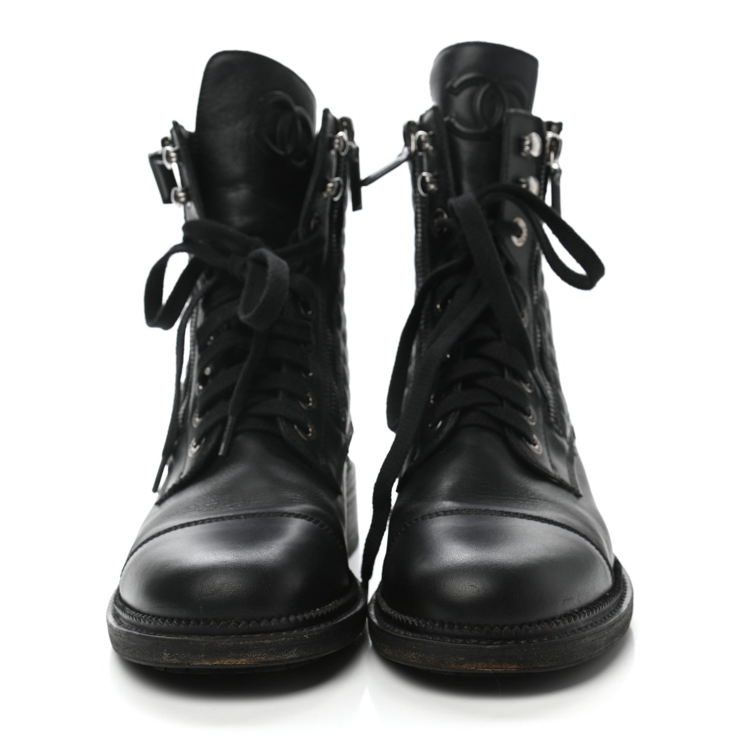 Chanel Calfskin Quilted Lace Up Combat Boots 39 Black 2 of 9