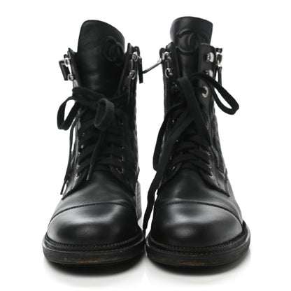 Chanel Calfskin Quilted Lace Up Combat Boots 39 Black 2 of 9