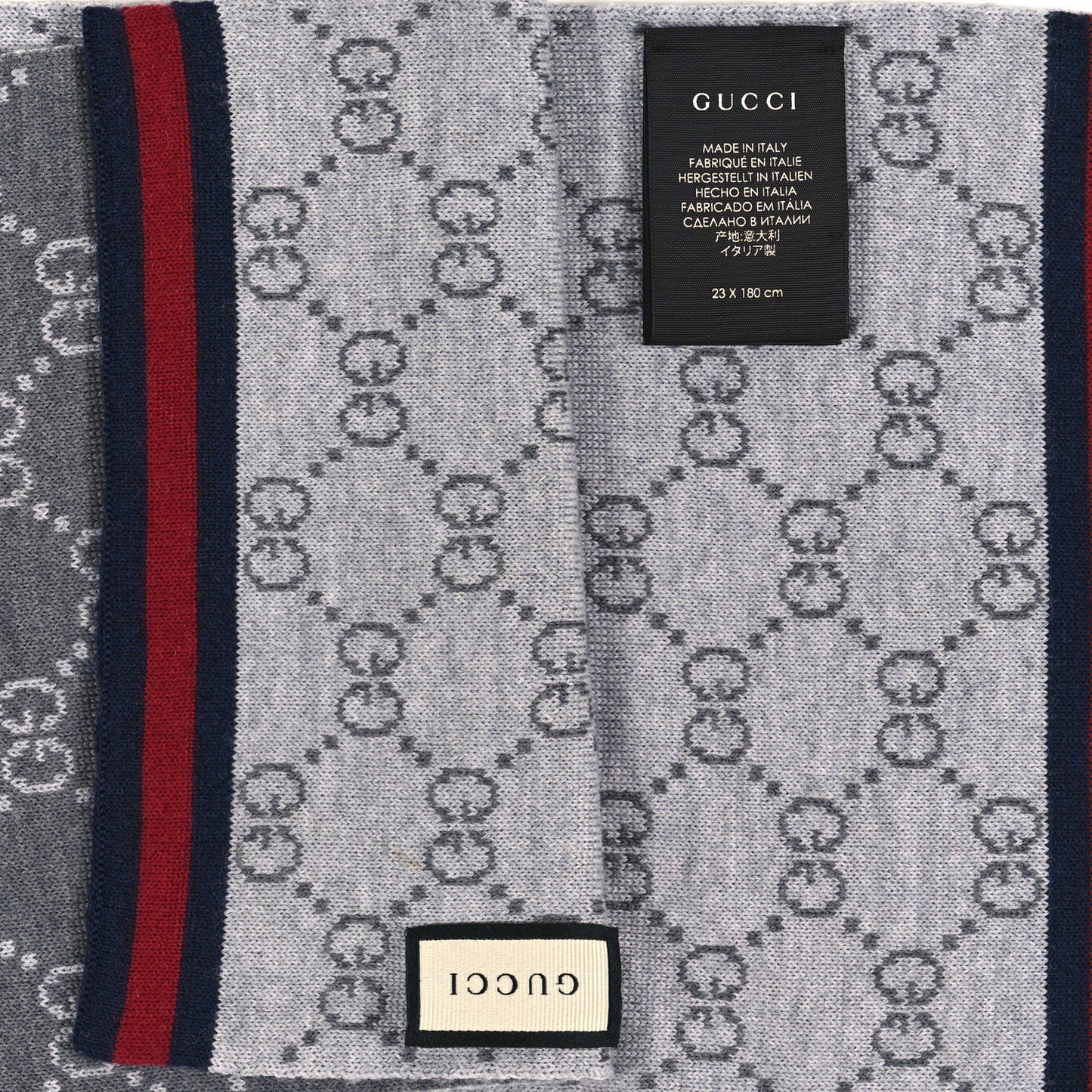 Wool Tricot GG Monogram Web Solange Scarf Graphite Light Grey