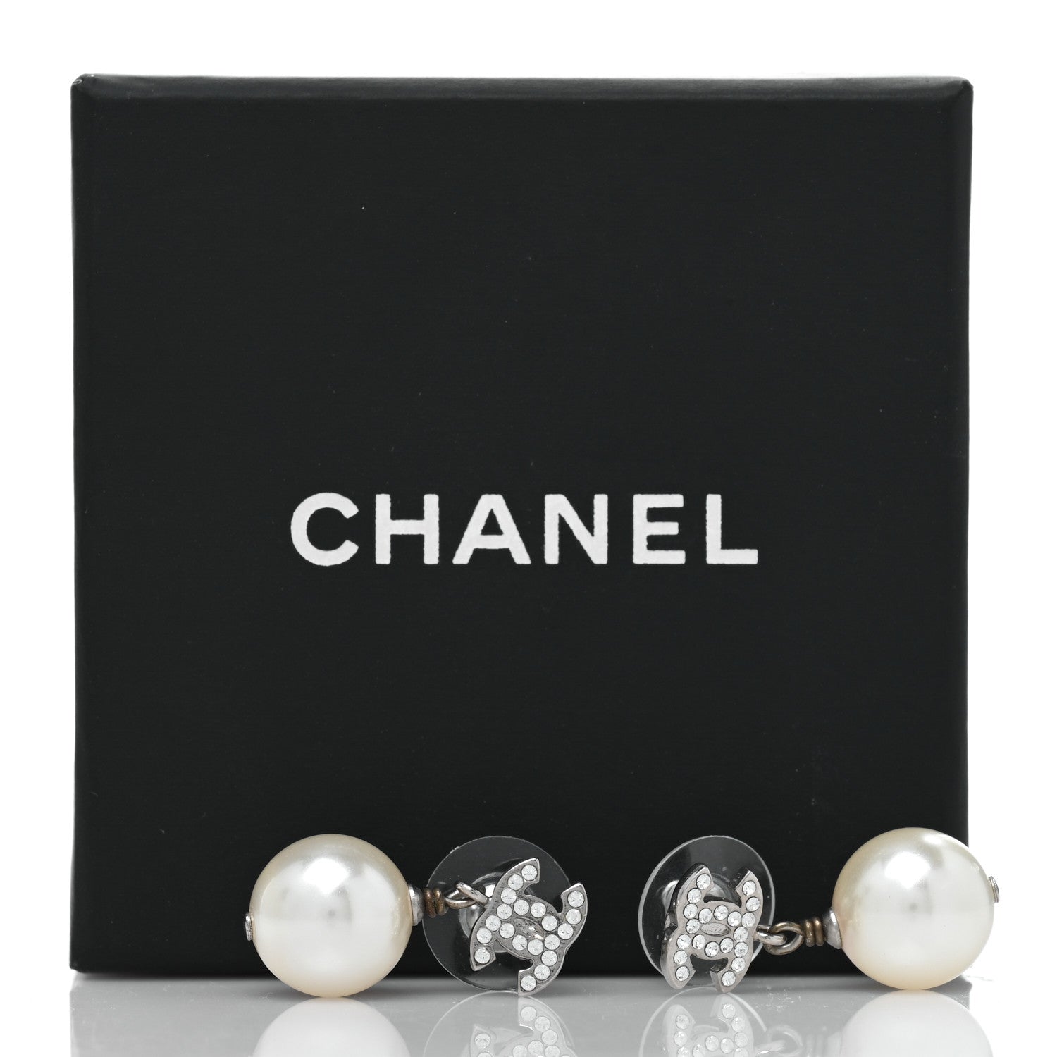 Chanel Crystal Pearl CC Drop Earrings Silver Pearly White 5 of 5